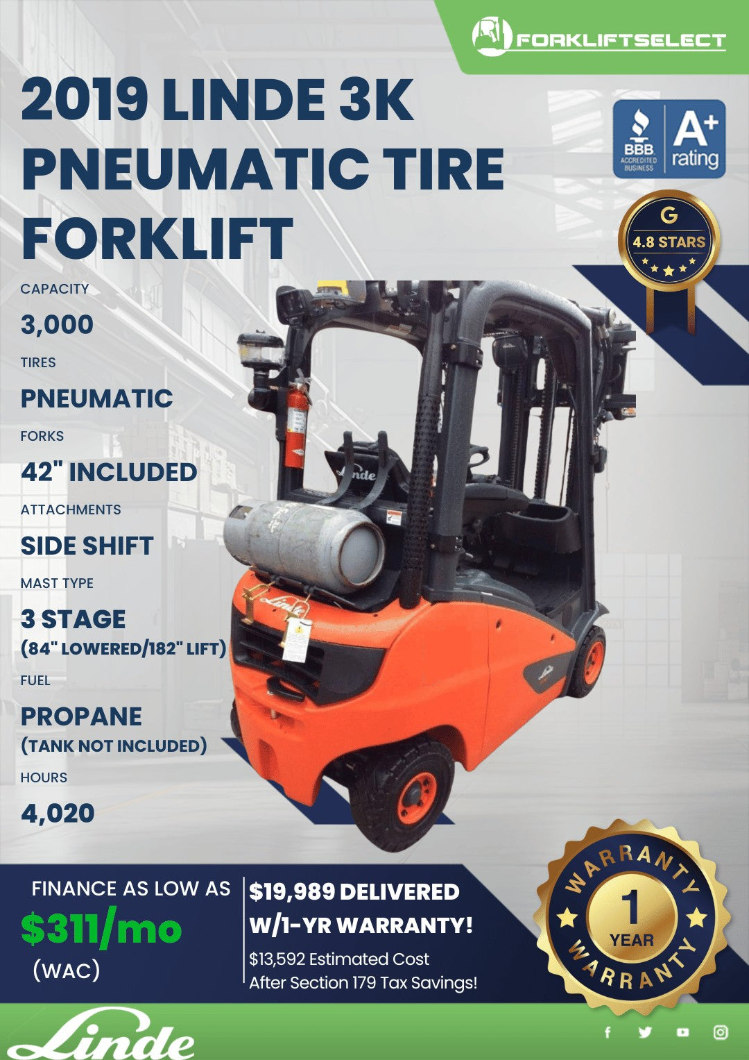 2019 Linde 3K Pneumatic Tire Forkli...