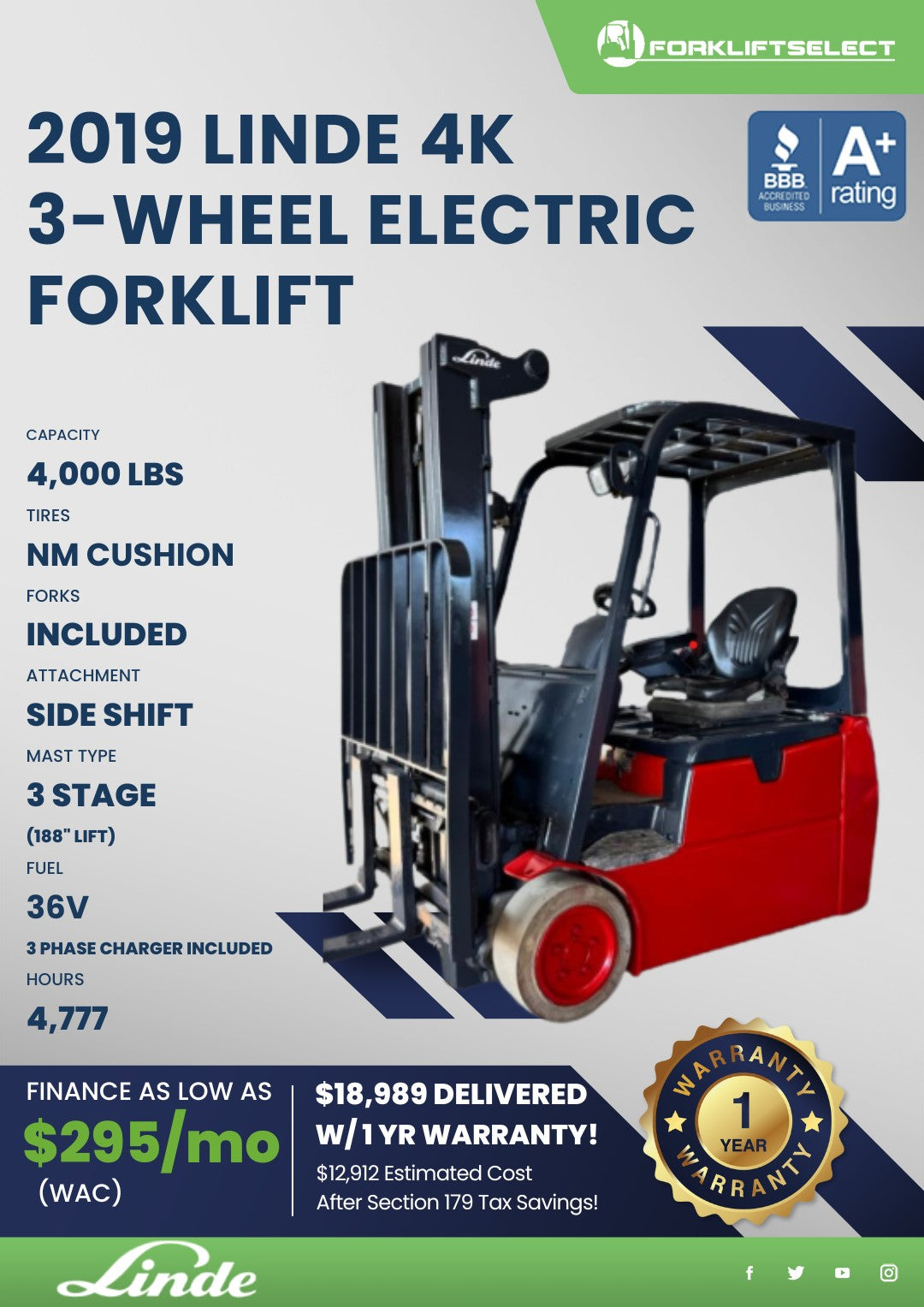2019 Linde 4K Cushion Tire Electric...