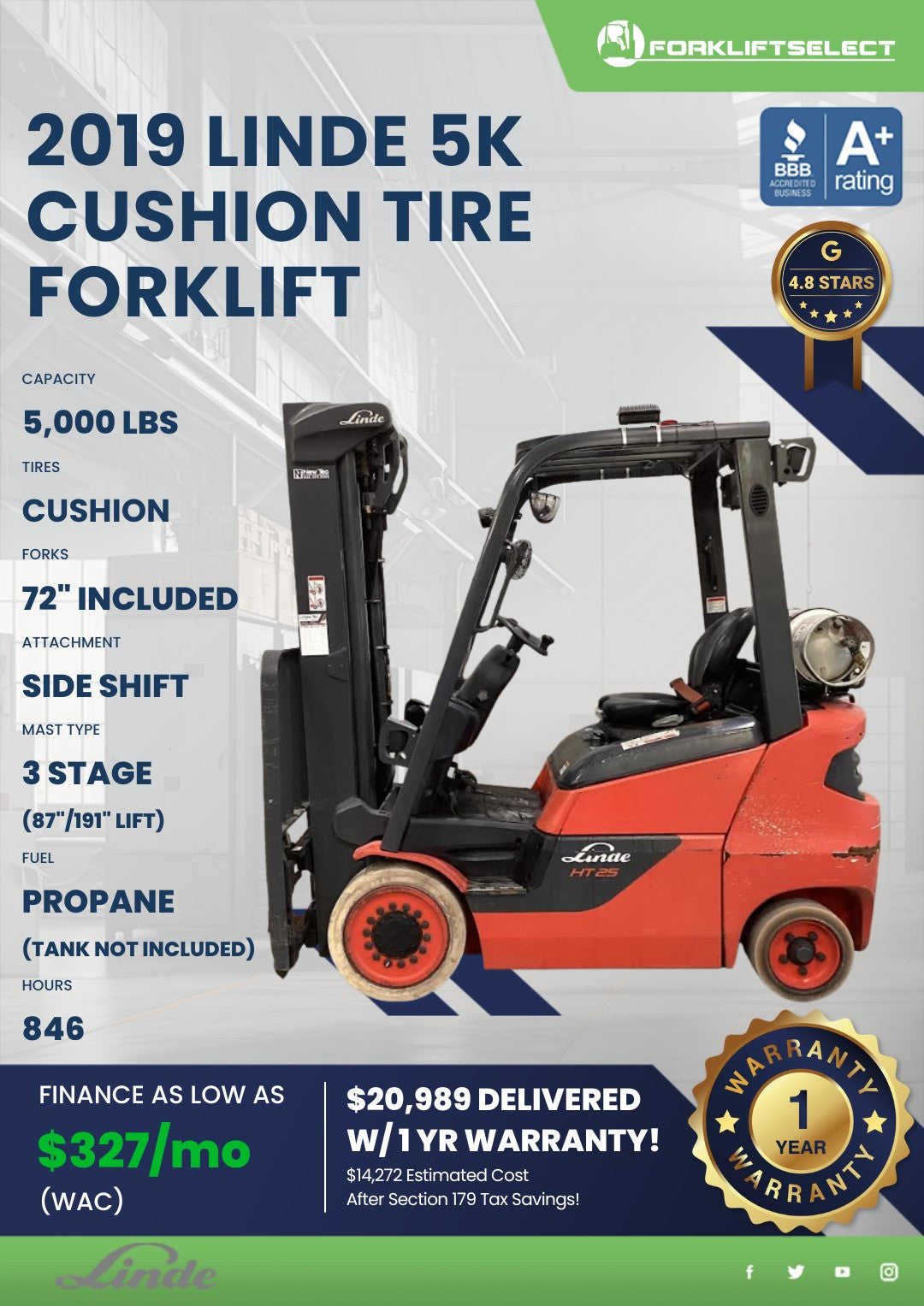 2019 Linde 5K Cushion Tire Forklift...
