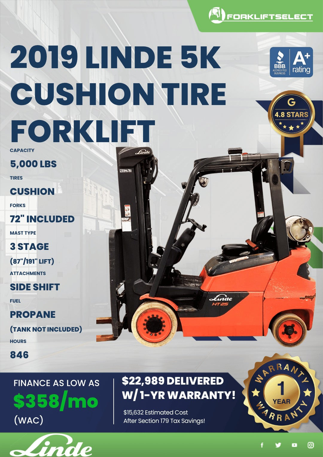 2019.0 Linde 5K Cushion Tire Forkli...