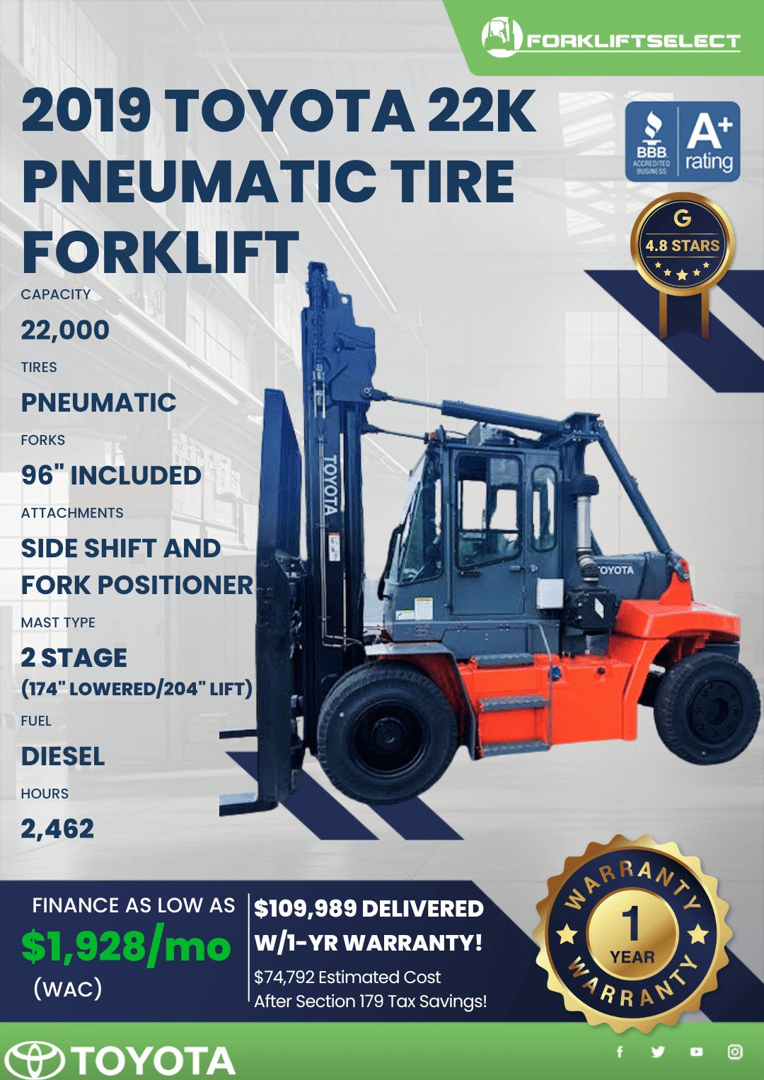 2019 Toyota 22K Pneumatic Tire Fork...