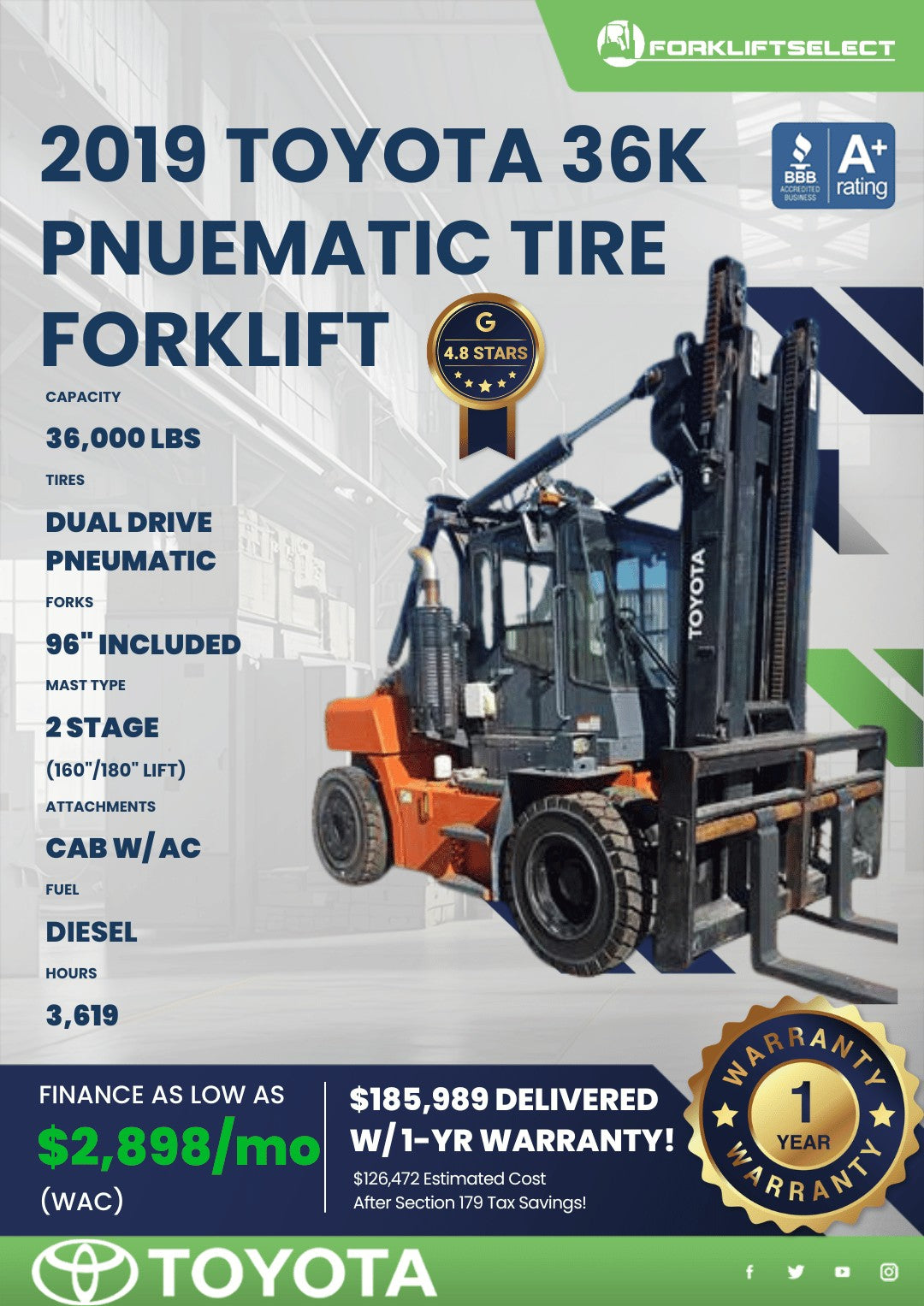 2019 Toyota 36K Pneumatic Tire Fork...