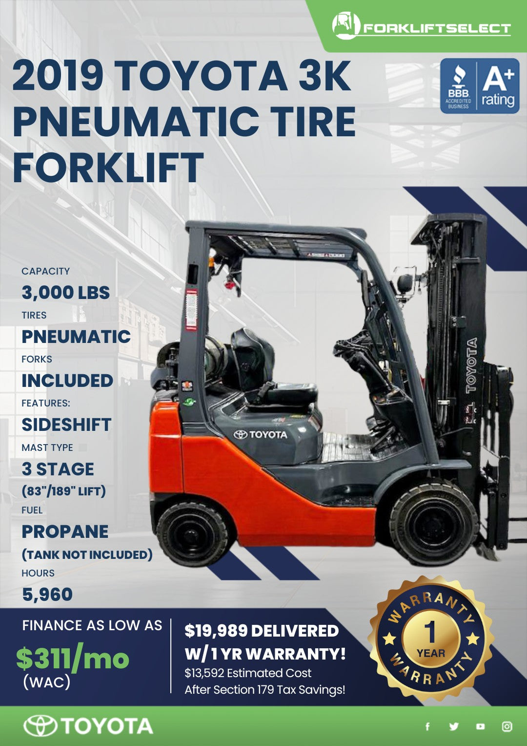 2019 Toyota 3K Pneumatic Tire Forkl...