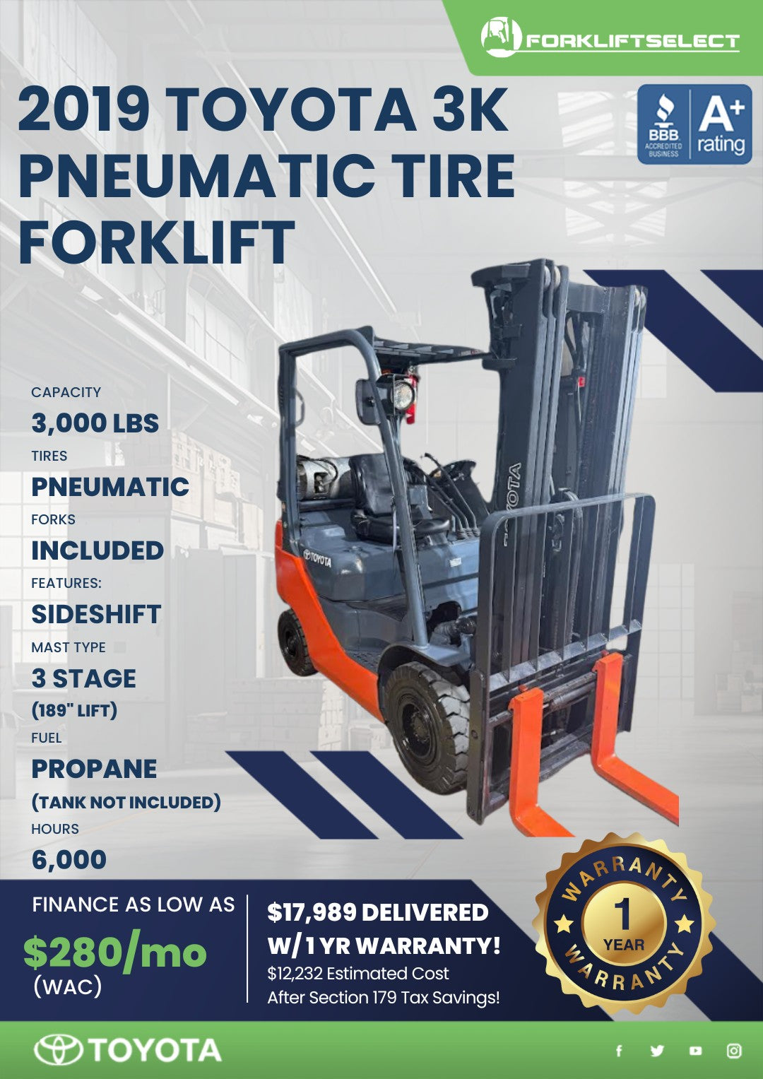 2019 Toyota 3K Pneumatic Tire Forkl...