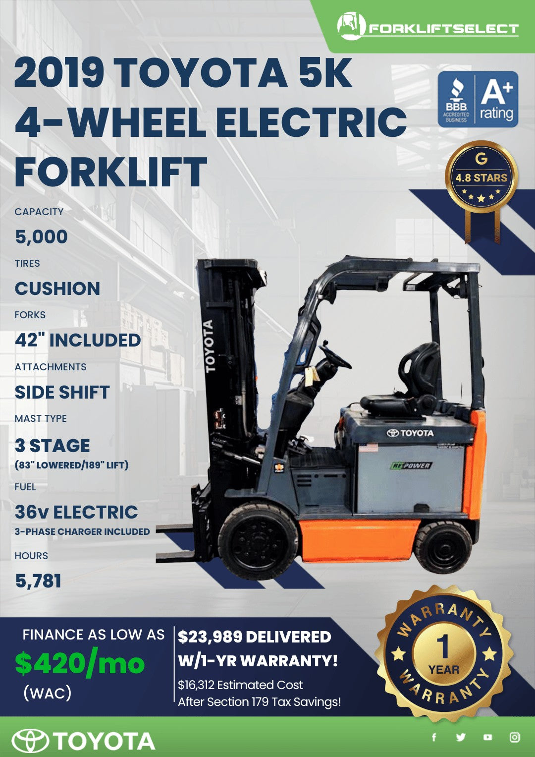 2019 Toyota 5K Cushion Tire Forklif...