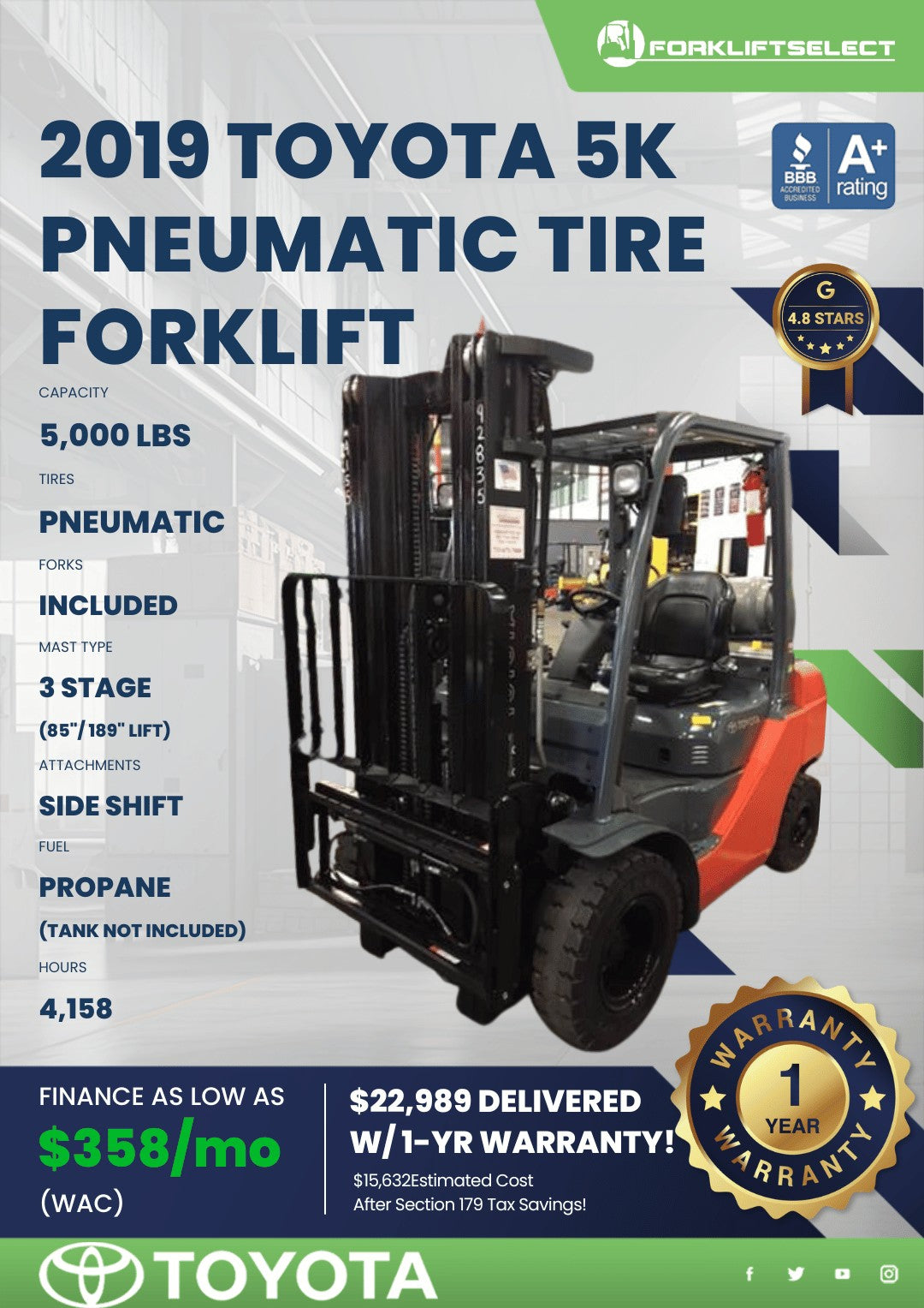 2019 Toyota 5K Pneumatic Tire Forkl...