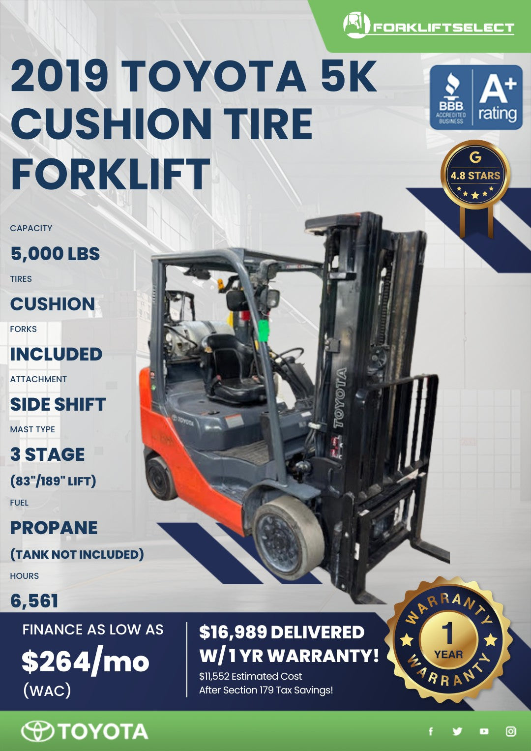 2019 Toyota 5K Cushion Tire Forklif...