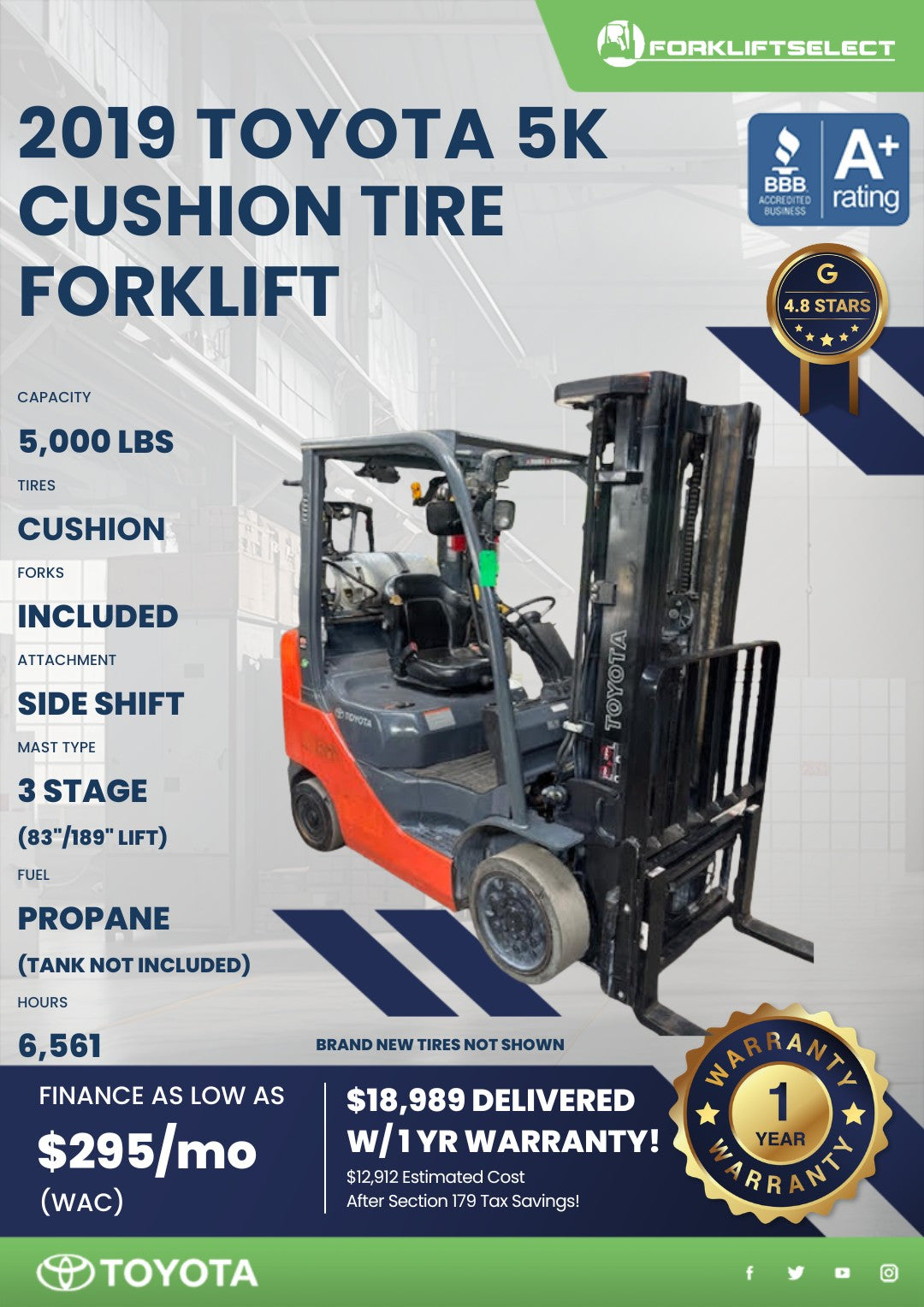 2019 Toyota 5K Cushion Tire Forklif...