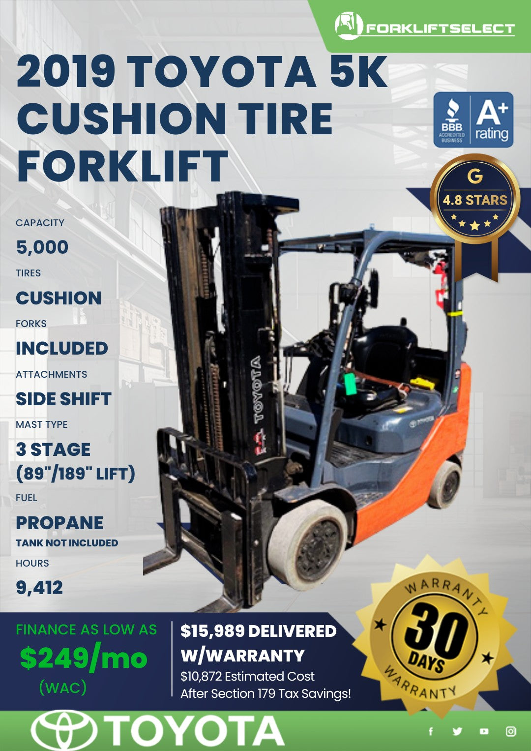 2019 Toyota 5K Cushion Tire Forklif...