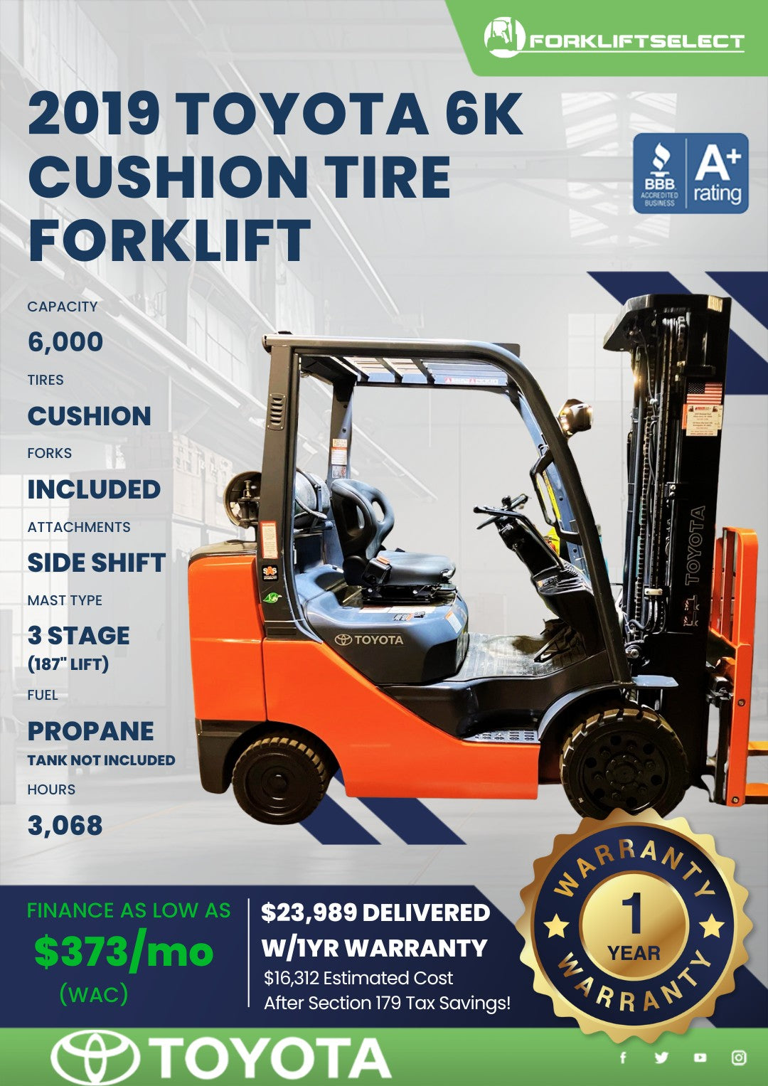 2019 Toyota 6K Cushion Tire Forklif...