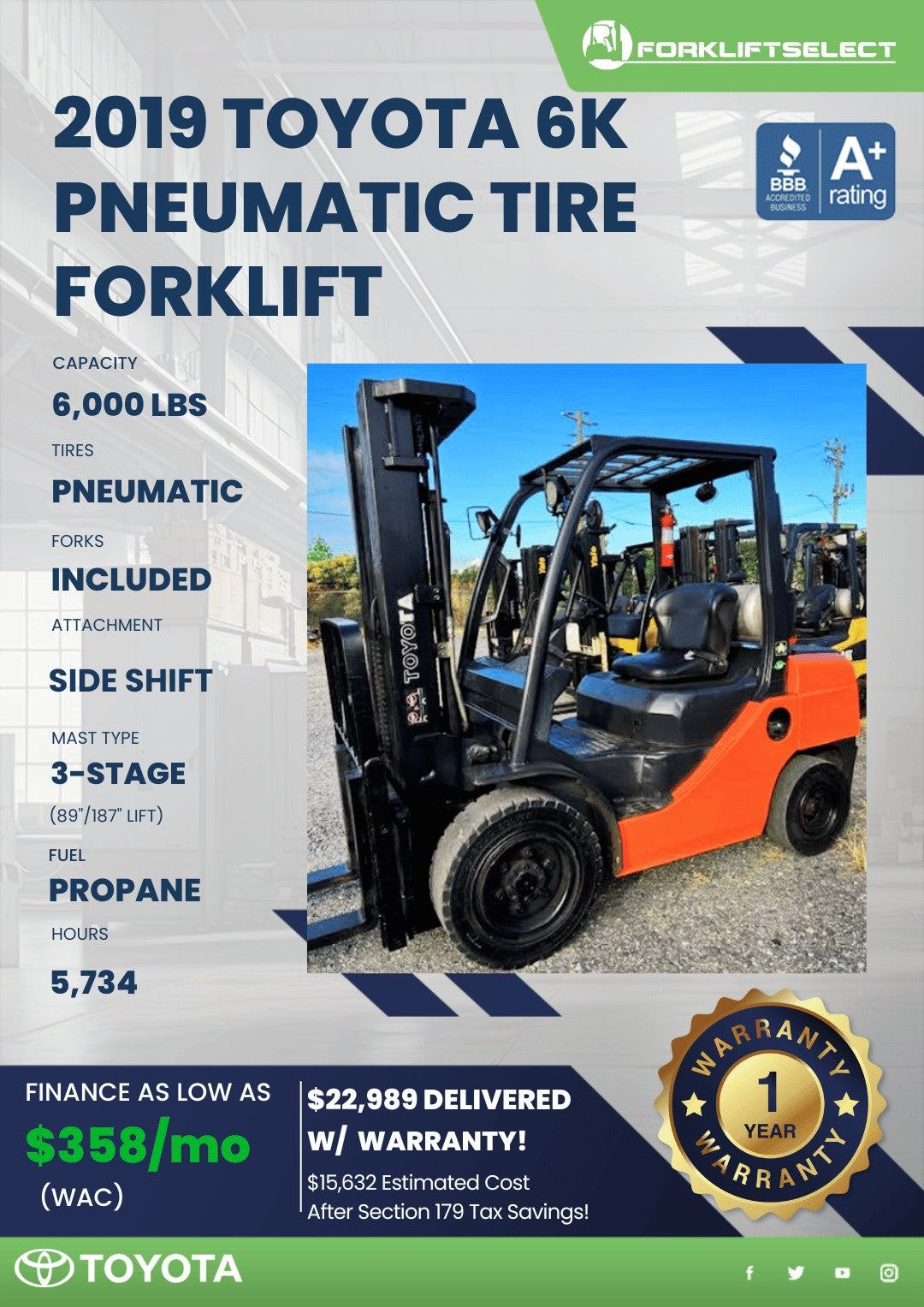 2019 Toyota 6K Pneumatic Tire Forkl...