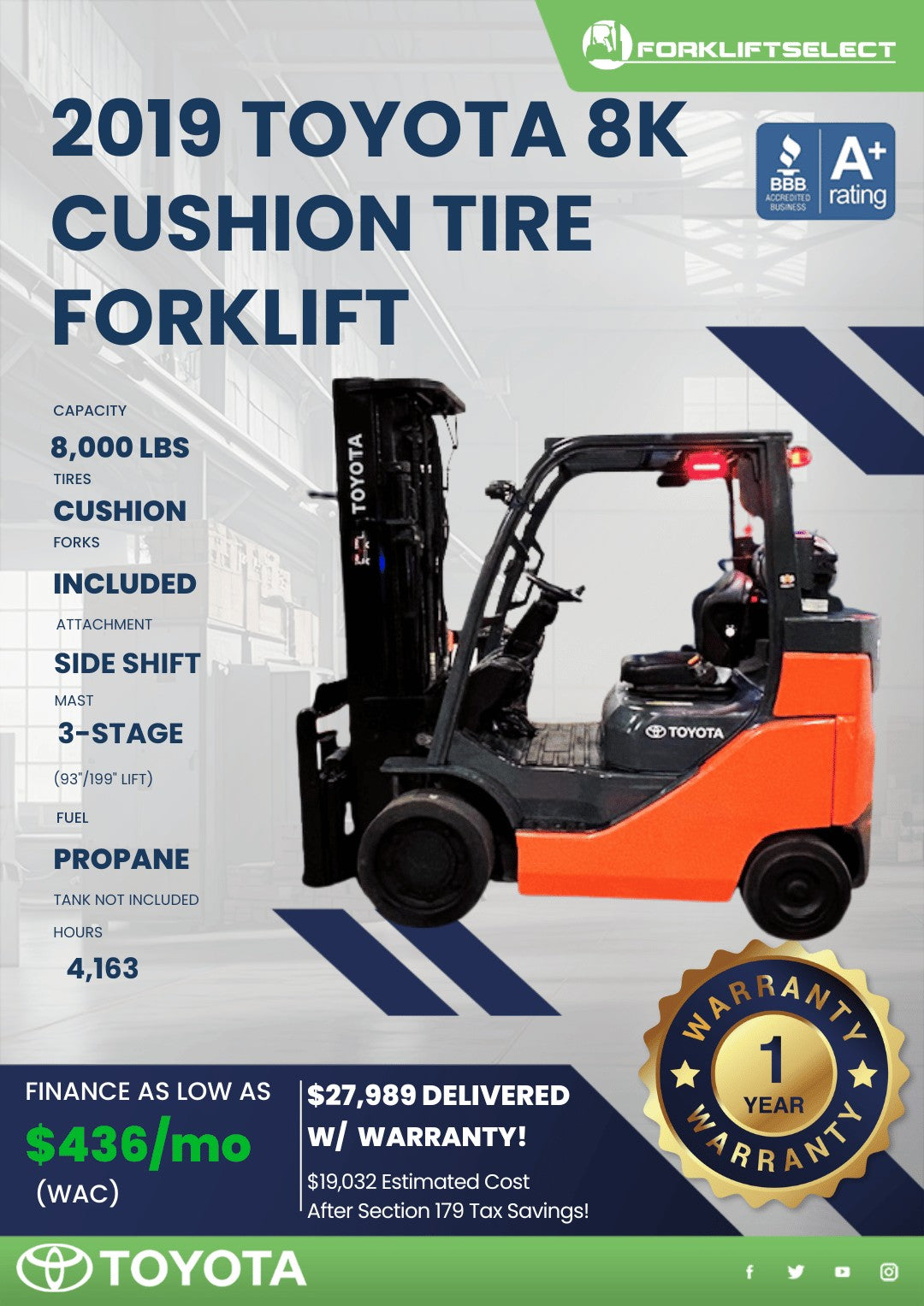 2019 Toyota 8K Cushion Tire Forklif...