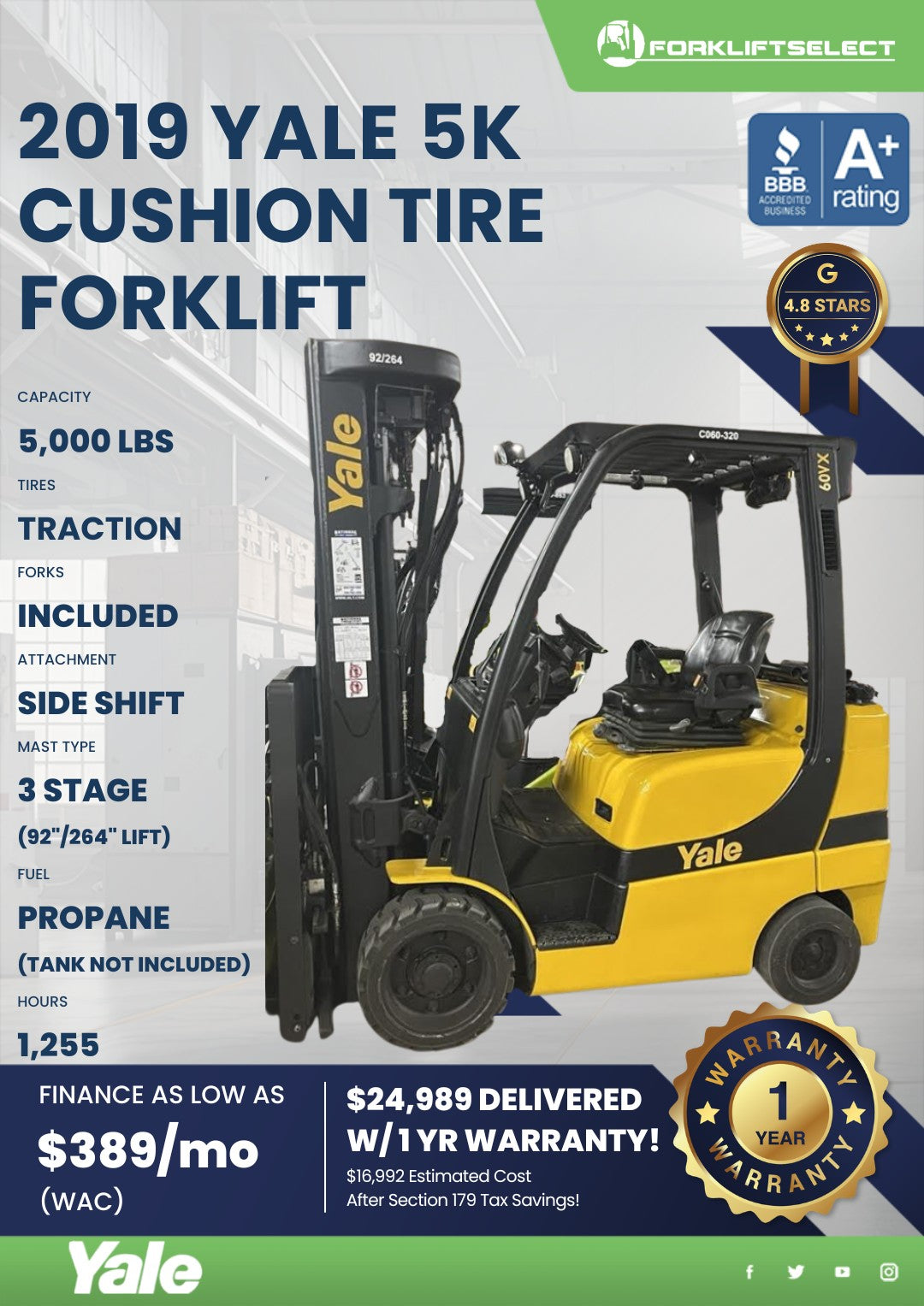 2019 Yale 5K Cushion Tire Forklift