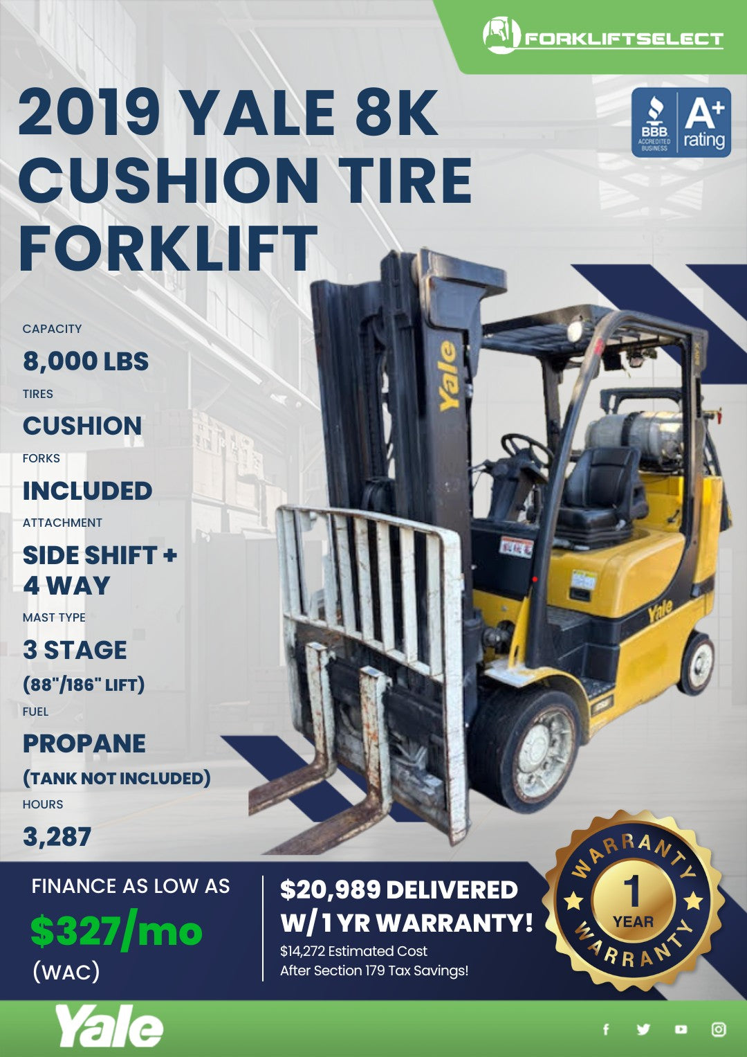 2019 Yale 8K Cushion Tire Forklift