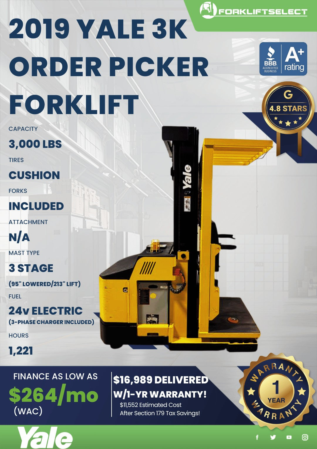 2019 Yale 3K Cushion Tire Order Picker Forklift