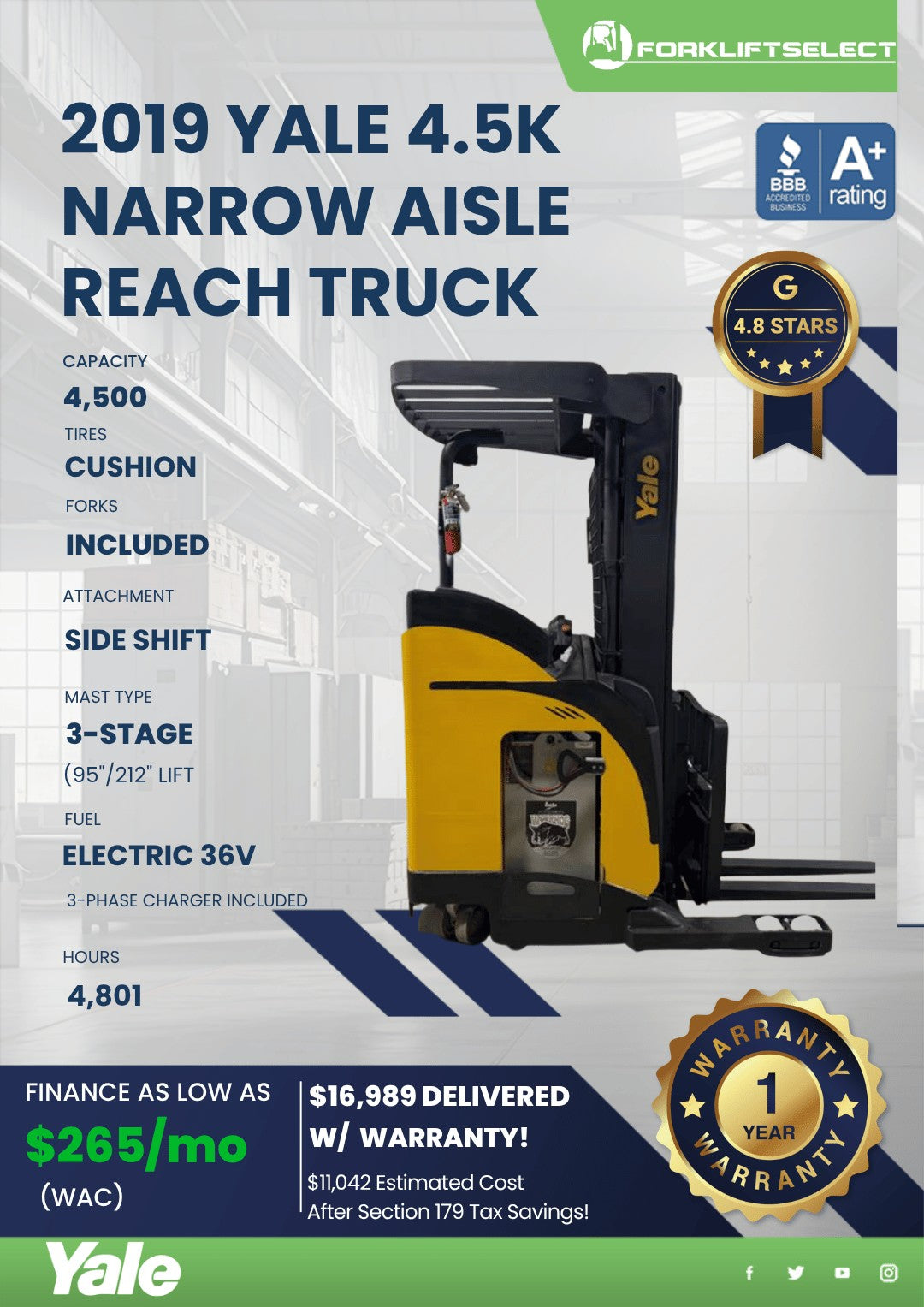 2019 Yale 4.5K Cushion Tire Narrow ...