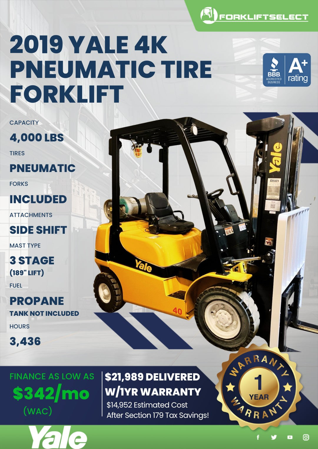 2019 Yale 4K Pneumatic Tire Forklif...