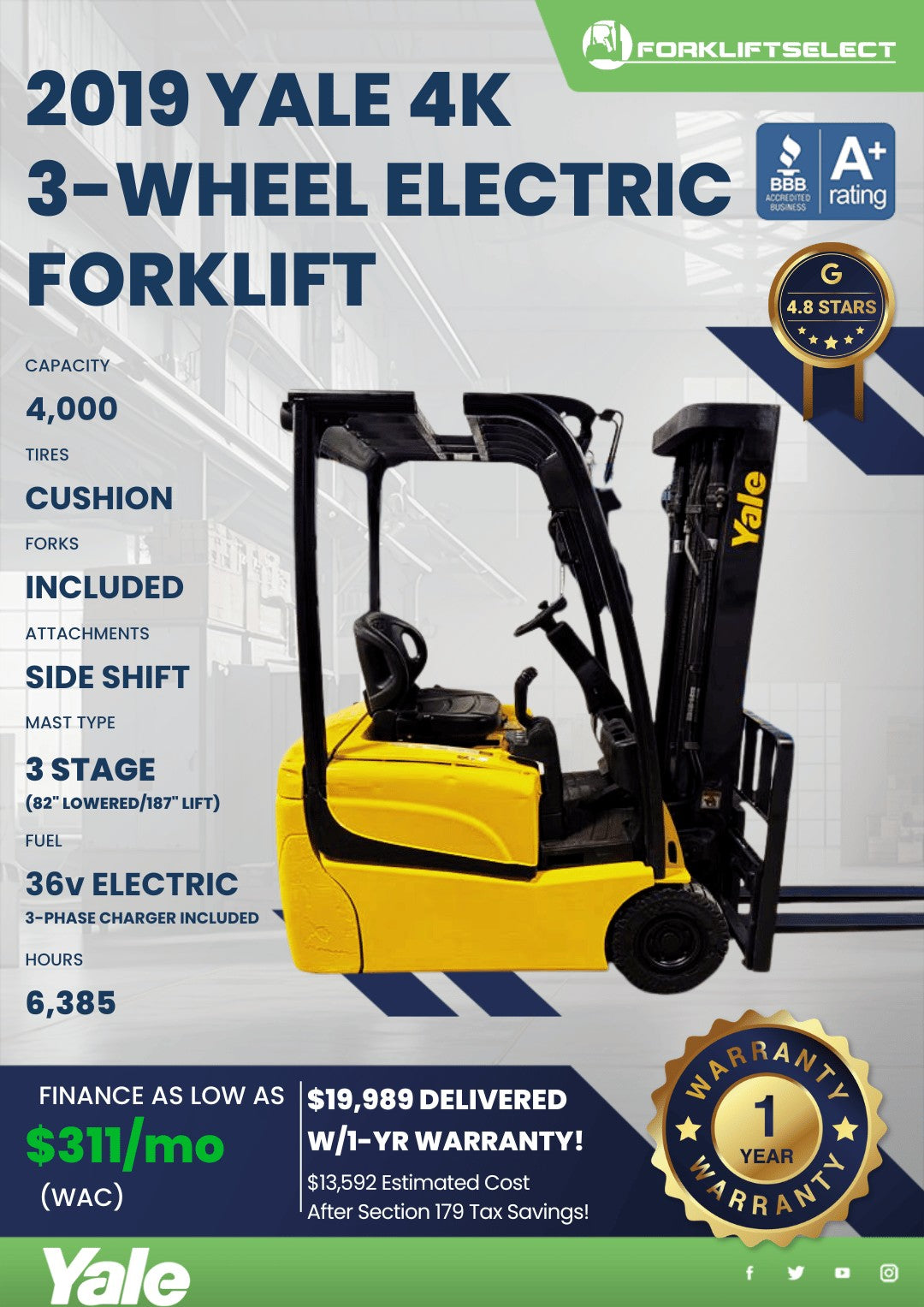 2019 Yale 4K Cushion Tire Forklift