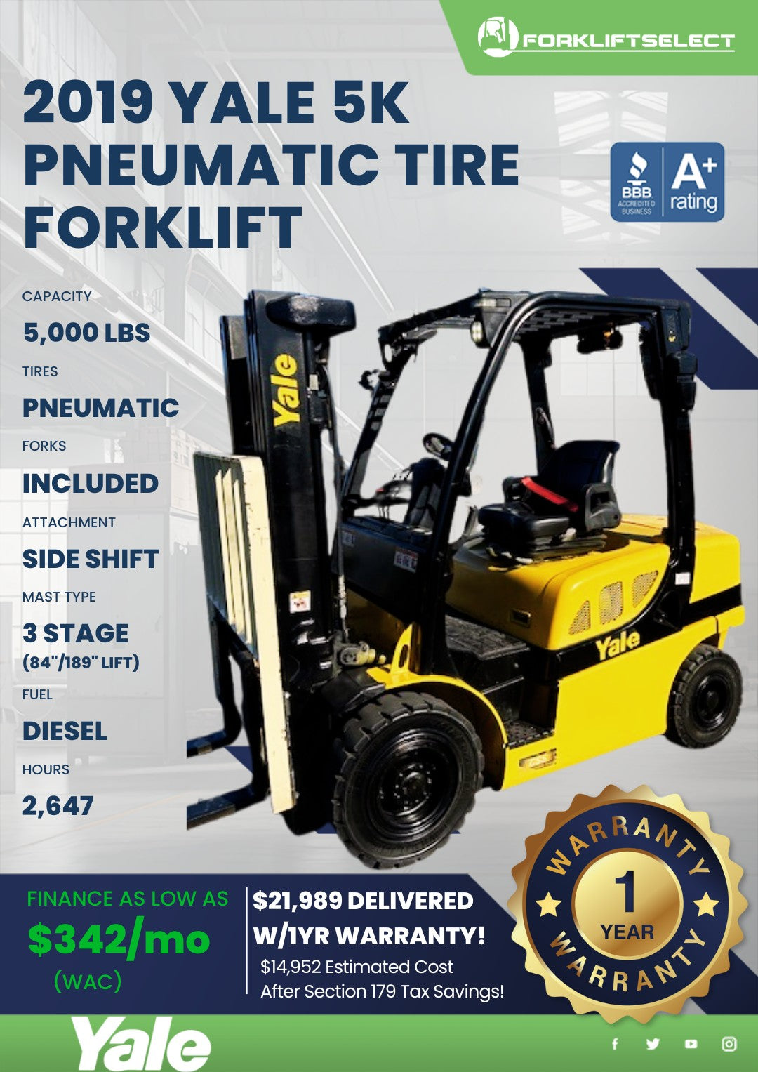 2019 Yale 5K Pneumatic Tire Forklif...