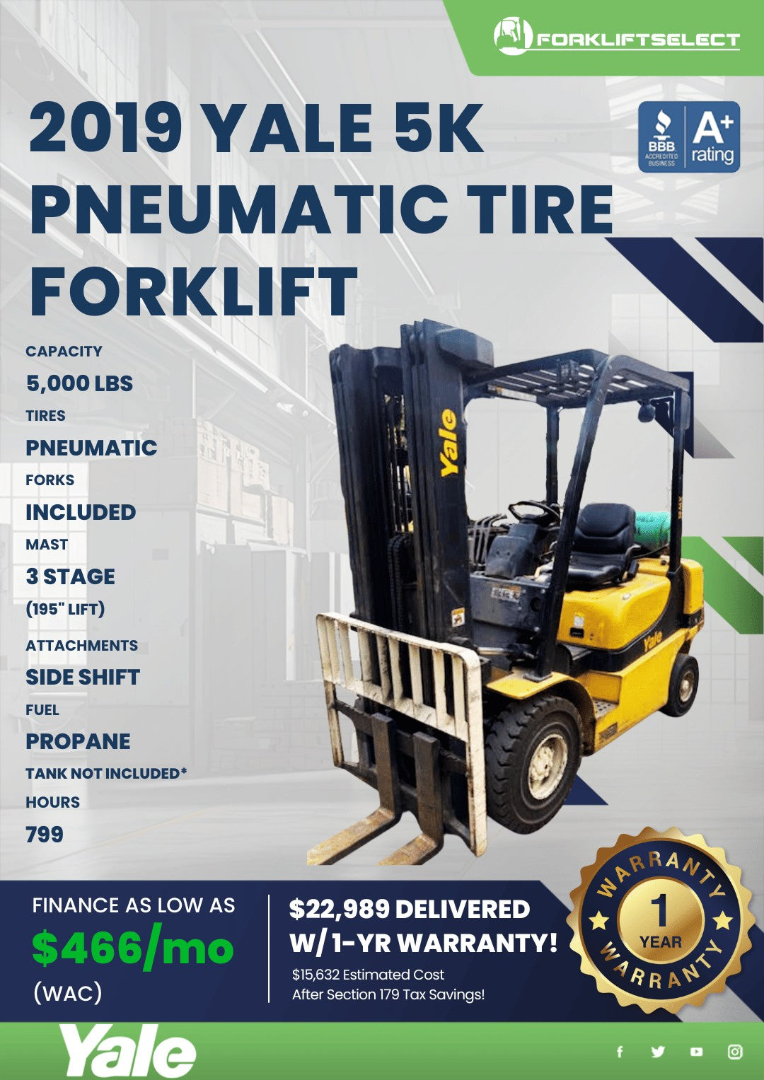 2019 Yale 5K Pneumatic Tire Forklif...