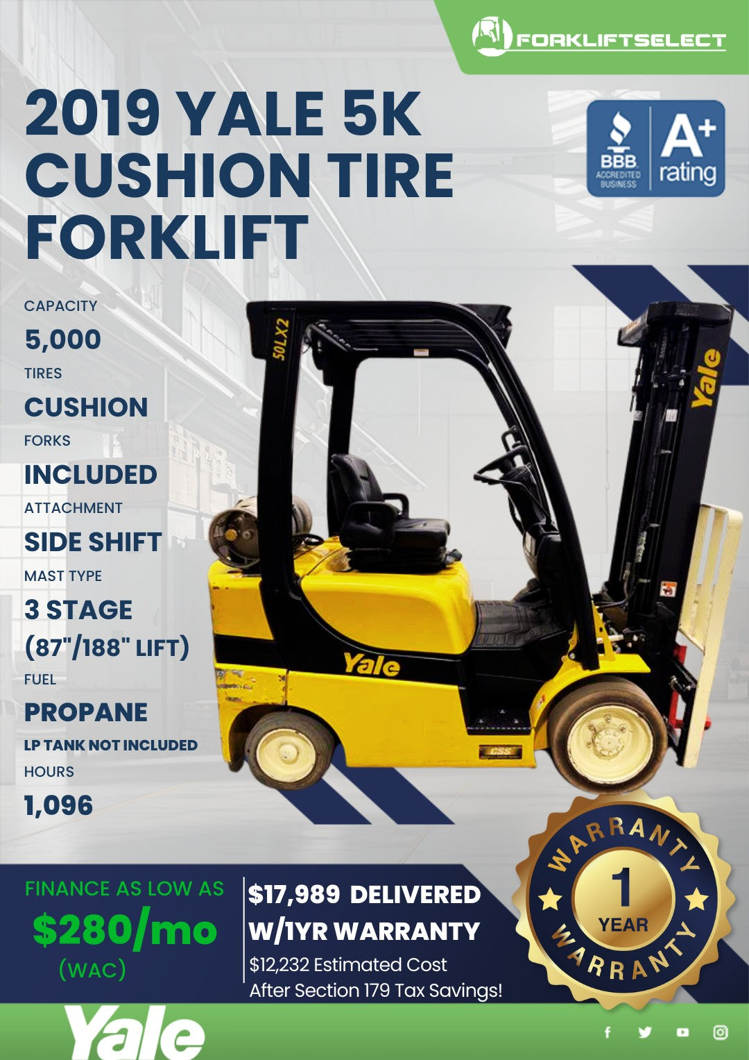 2019.0 Yale 5K Cushion Tire Forklif...