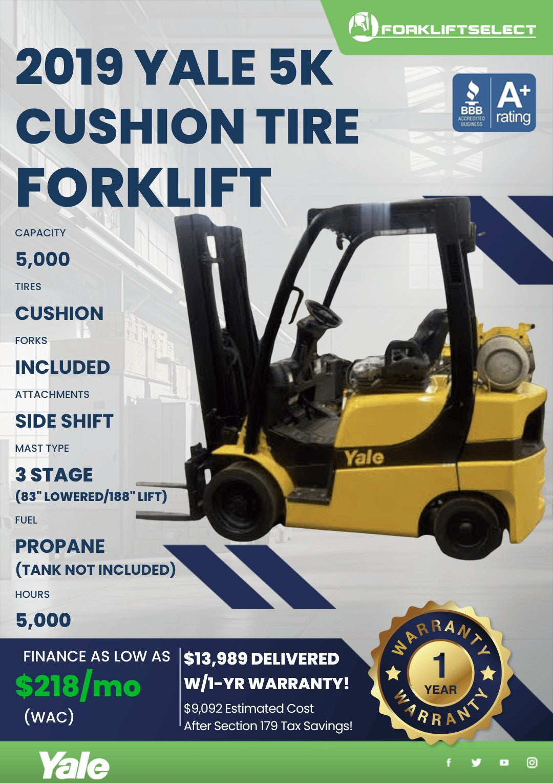 2019 Yale 5K Cushion Tire Forklift