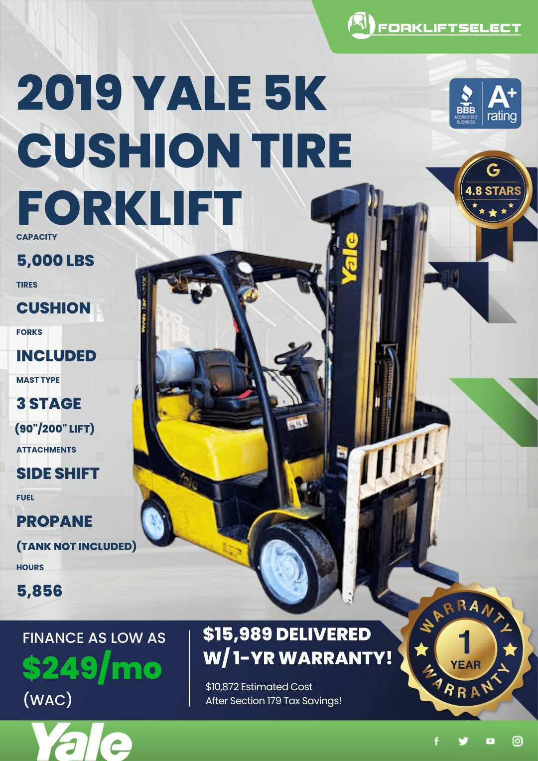 2019.0 Yale 5K Cushion Tire Forklif...
