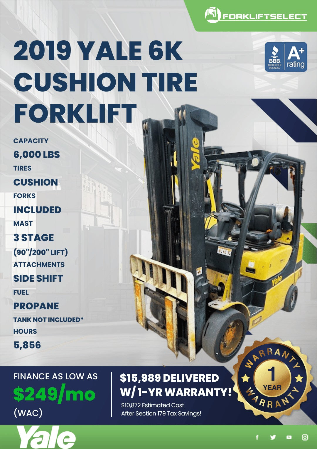 2019.0 Yale 6K Cushion Tire Forklif...