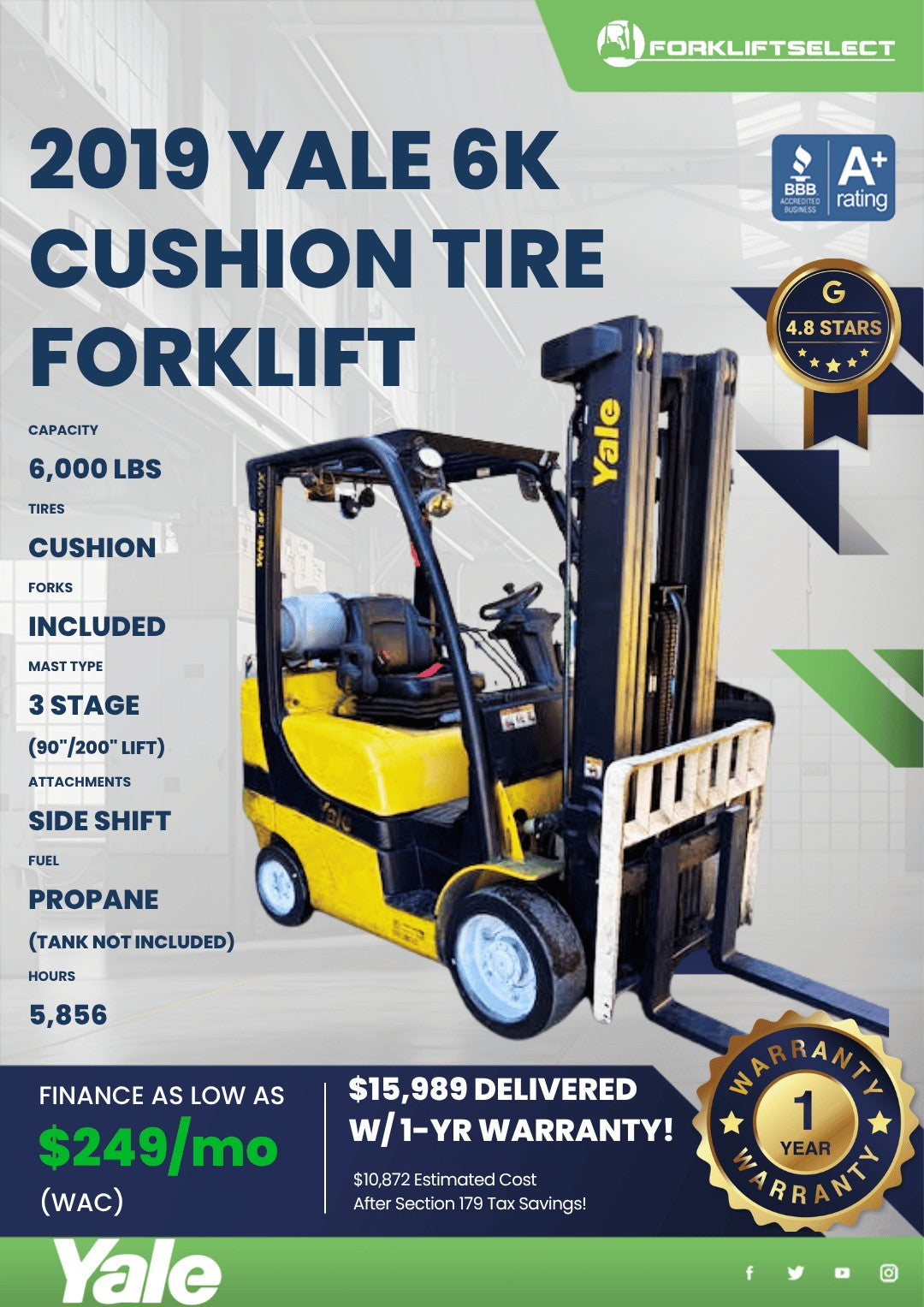 2019.0 Yale 6K Cushion Tire Forklif...