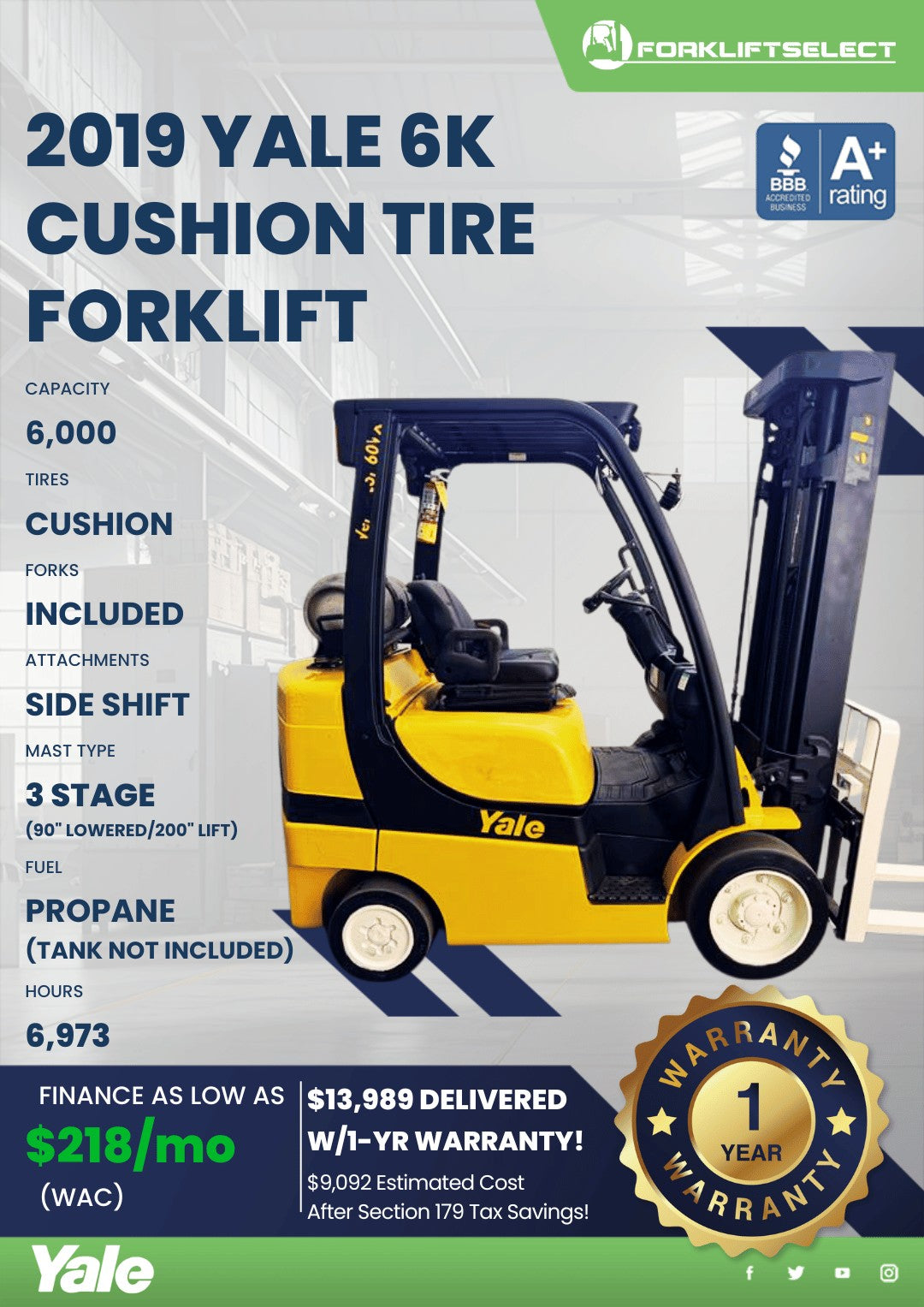 2019 Yale 6K Cushion Tire Forklift