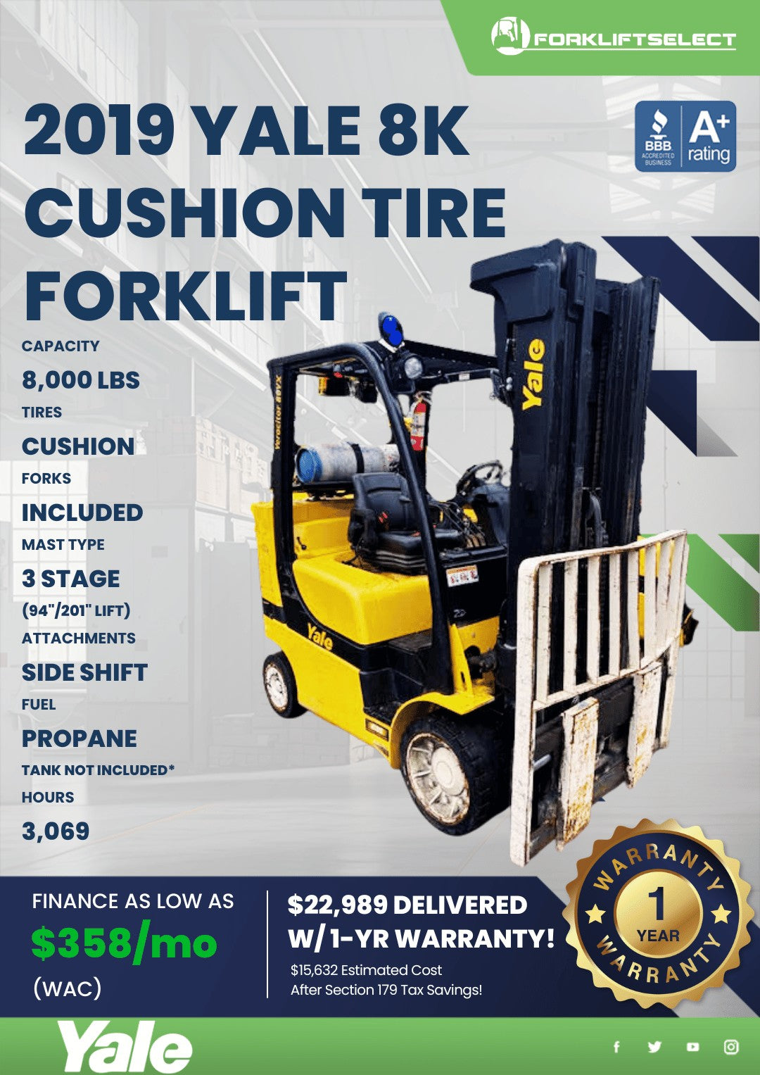 2019.0 Yale 8K Cushion Tire Forklif...