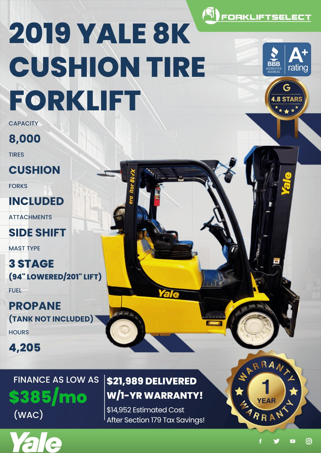 2019 Yale 8K Cushion Tire Forklift