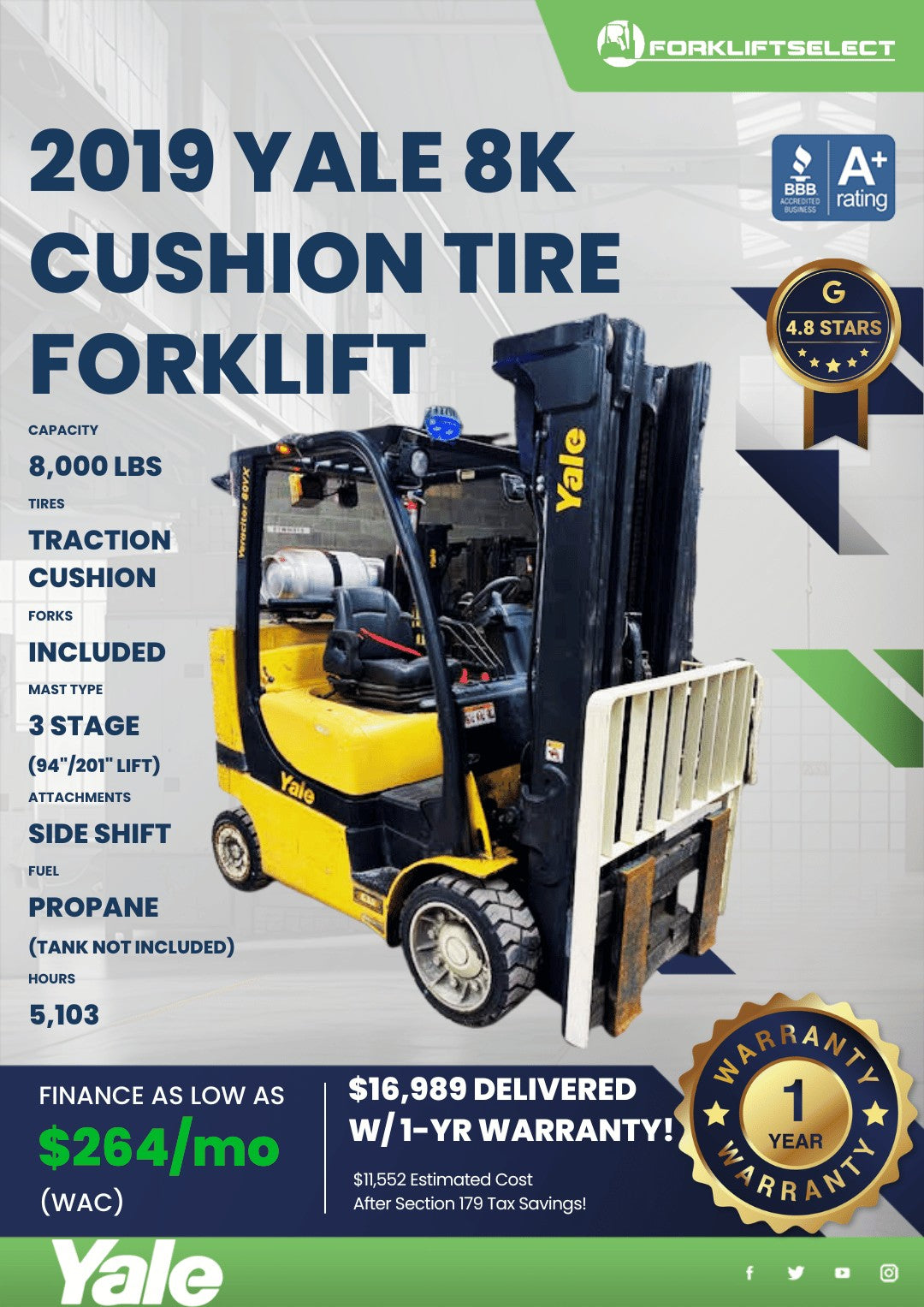 2019 Yale 8K Cushion Tire Forklift