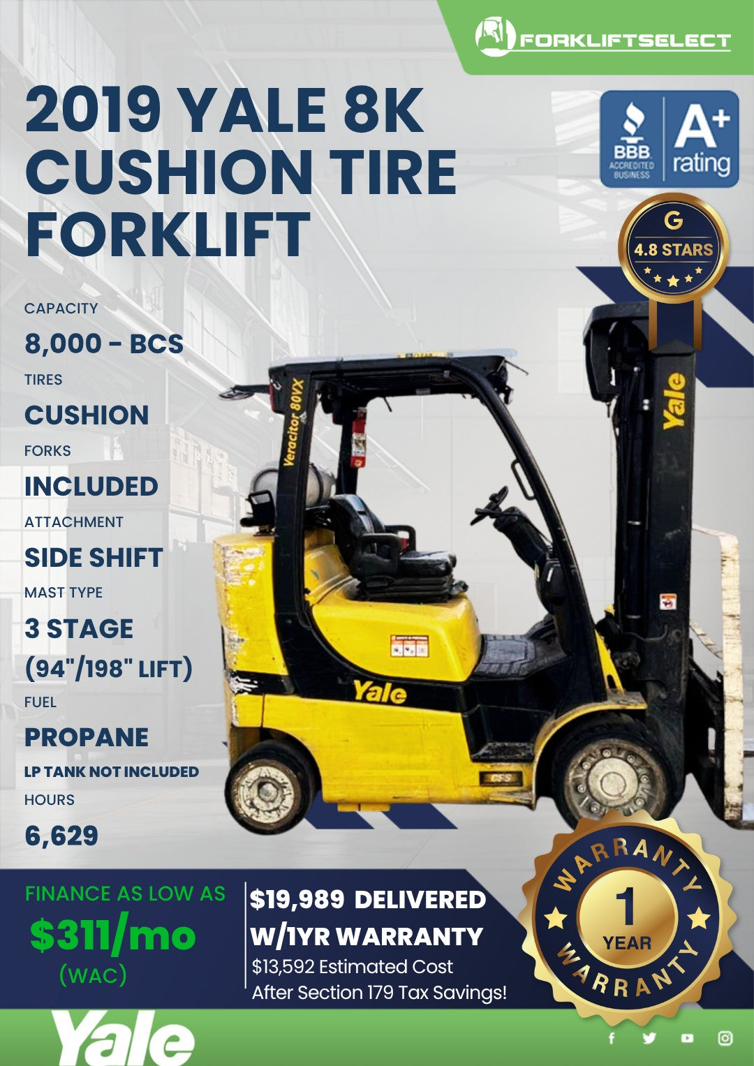 2019 Yale 8K Cushion Tire Forklift