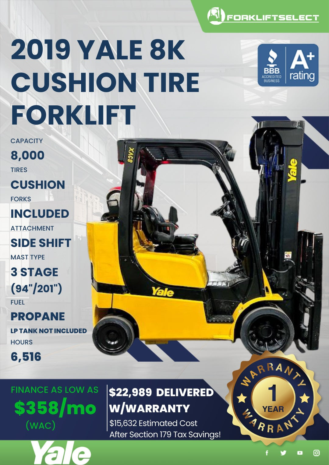 2019.0 Yale 8K Cushion Tire Forklif...