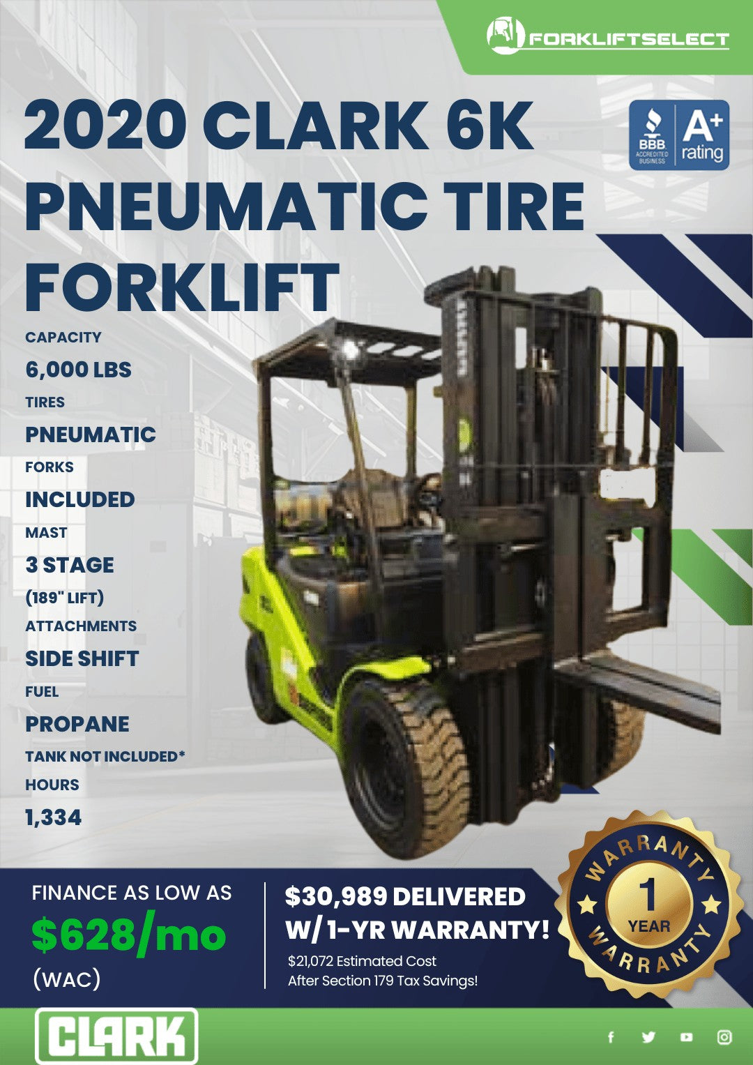 2020 Clark 6K Pneumatic Tire Forkli...