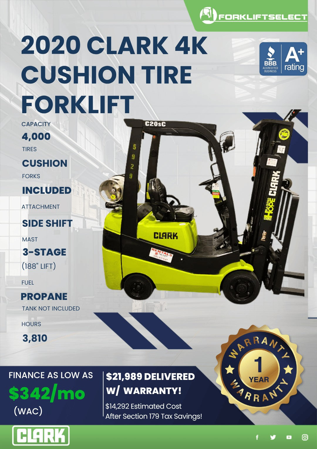 2020 Clark 4K Cushion Tire Forklift...