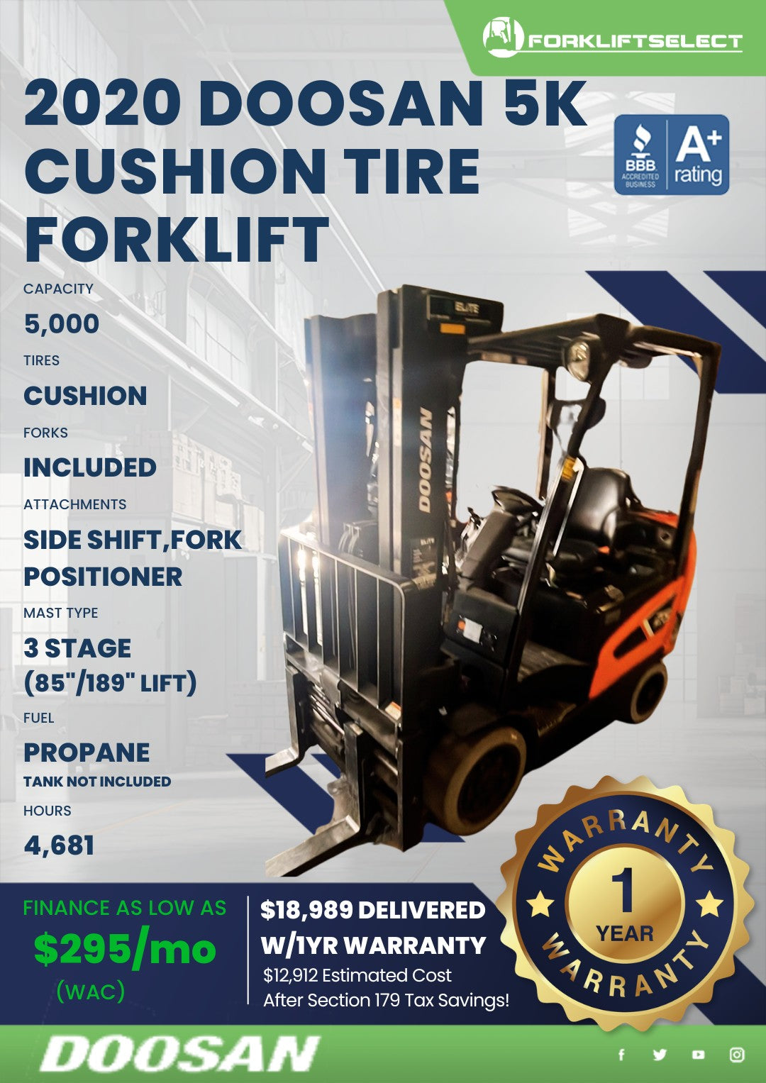2020.0 Doosan 5K Cushion Tire Forkl...