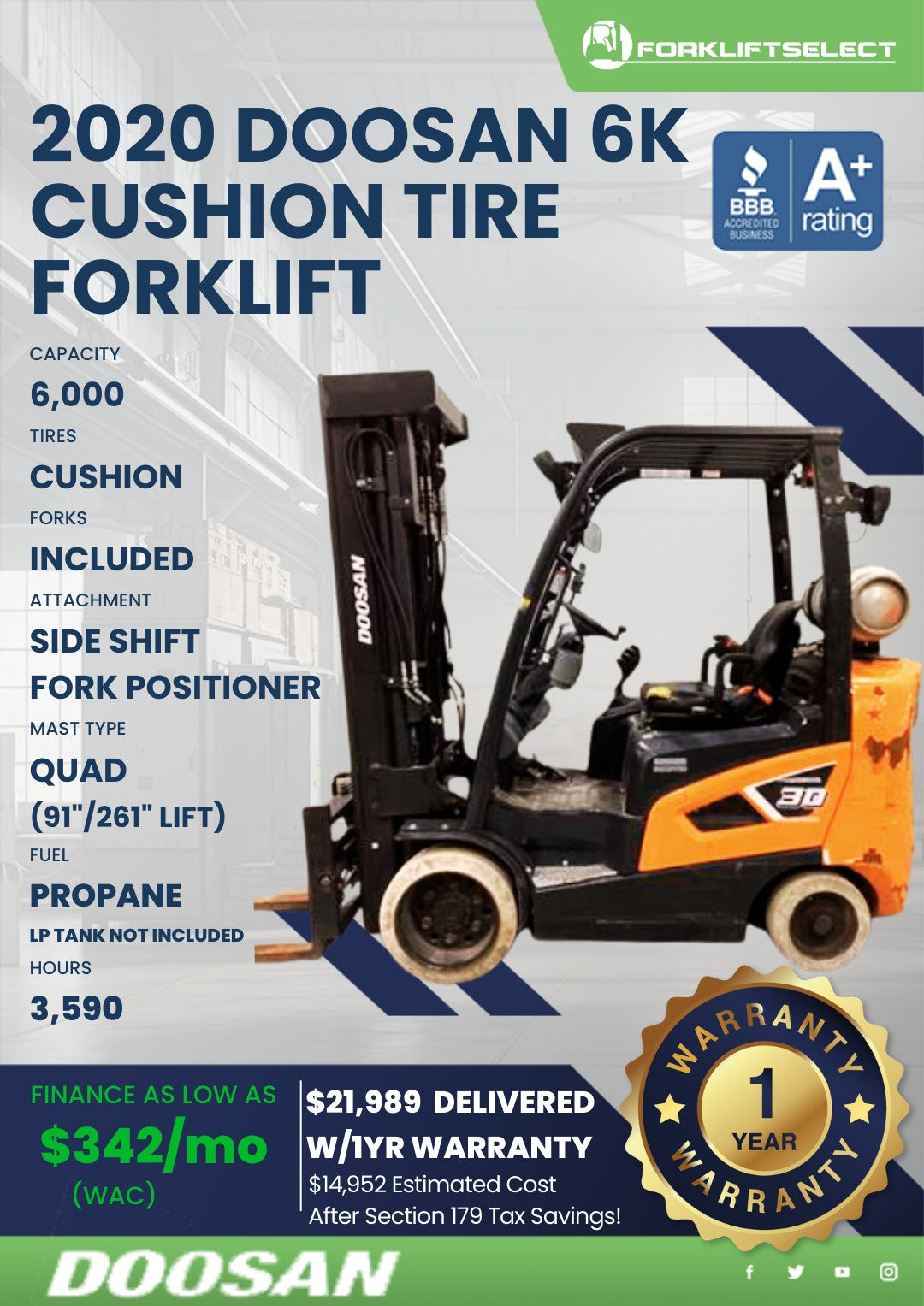 2020.0 Doosan 6K Cushion Tire Forkl...