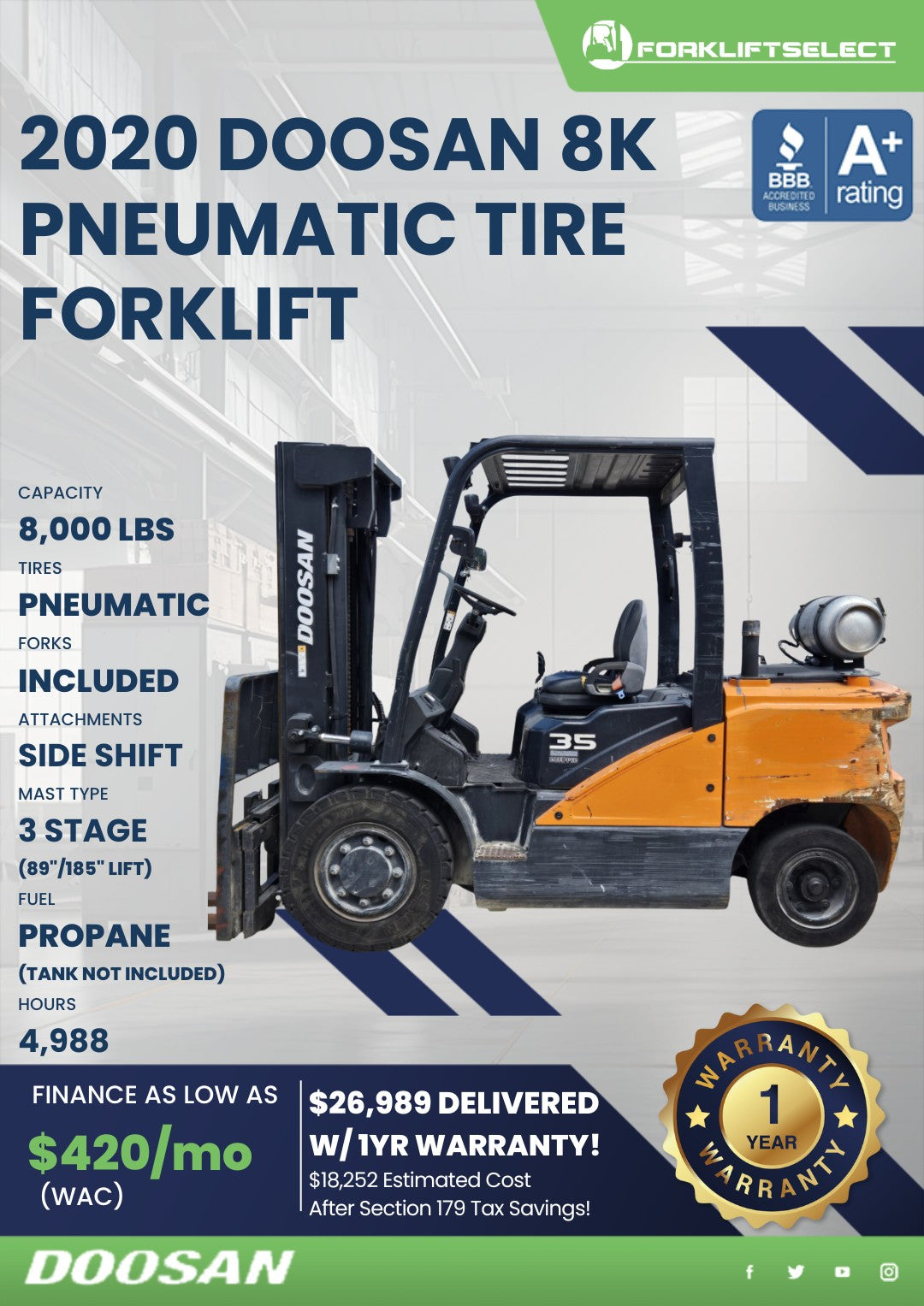 2020 Doosan 8K Pneumatic Tire Forkl...