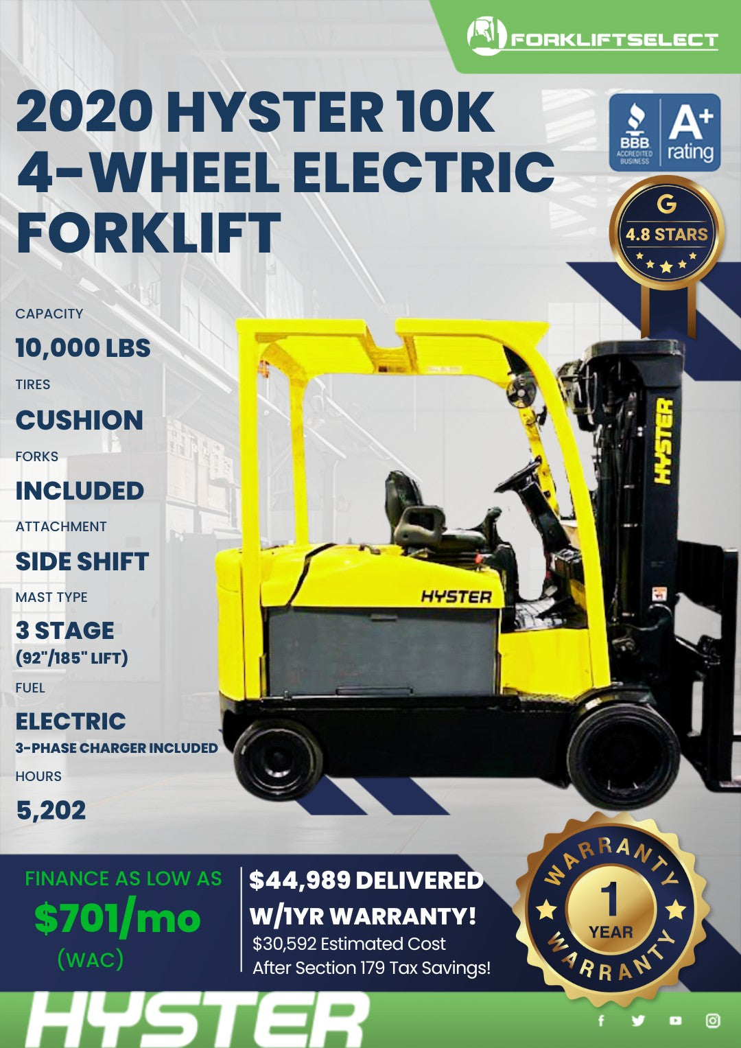 2020 Hyster 10K Cushion Tire Forklift