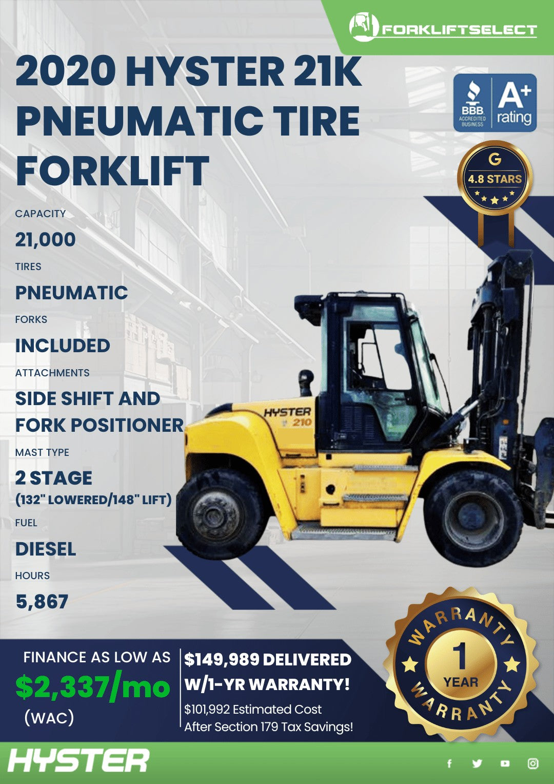 2020 Hyster 21K Pneumatic Tire Fork...