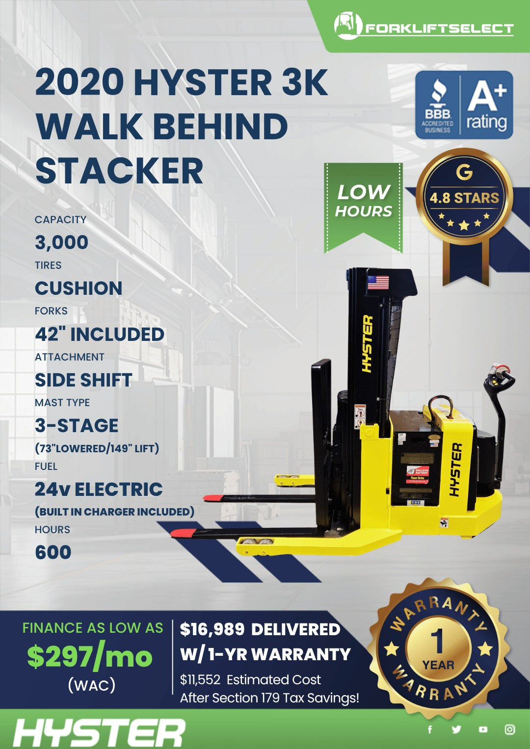 2020 Hyster 3K Cushion Tire Walk Be...