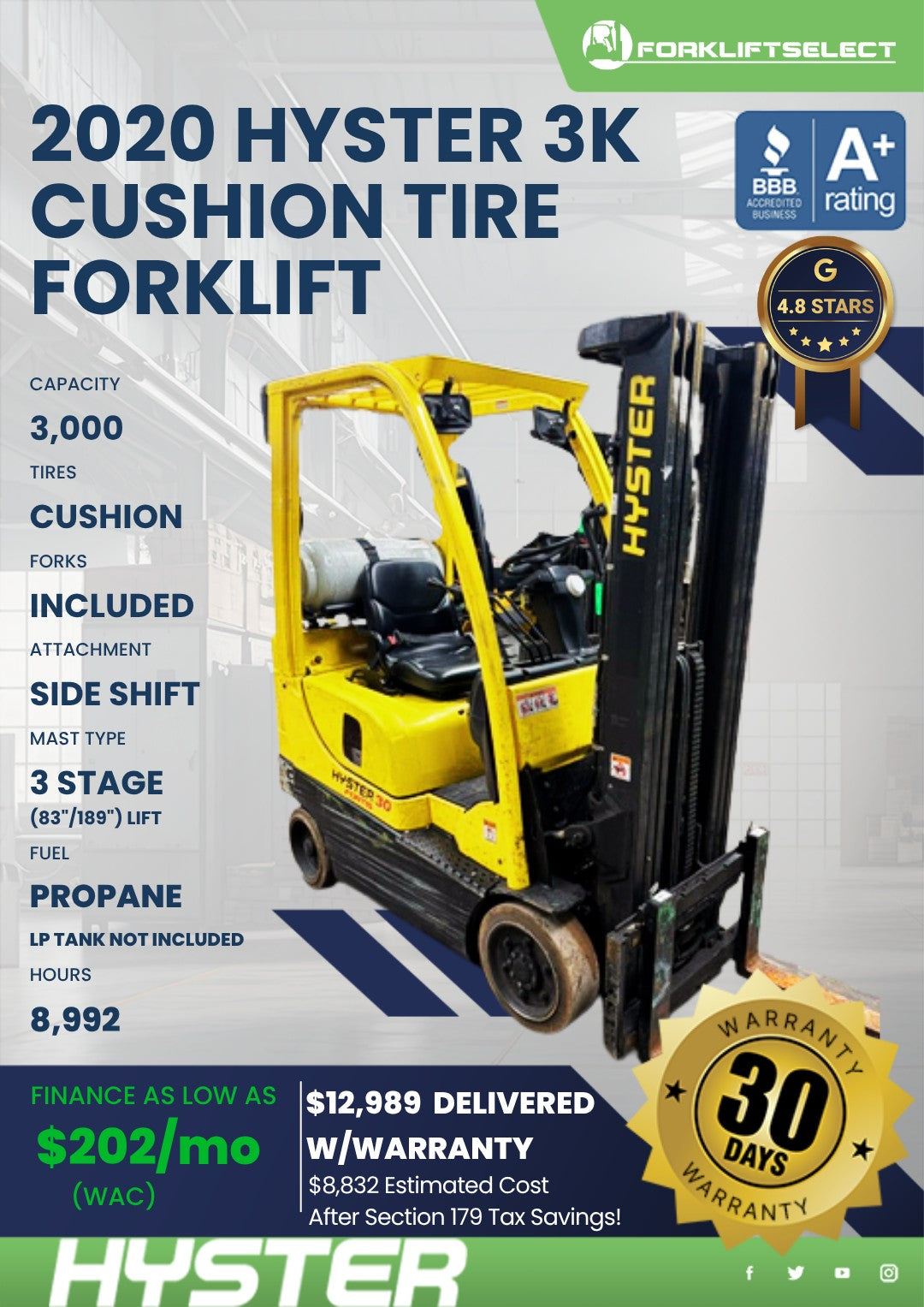 2020 Hyster 3K Cushion Tire Forklif...