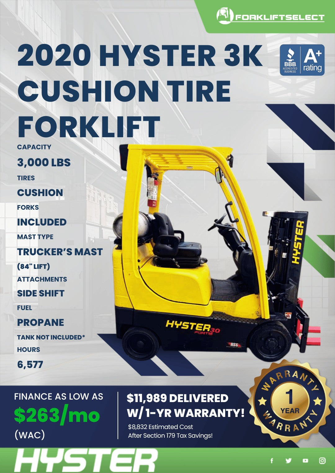 2020 Hyster 3K Cushion Tire Forklif...