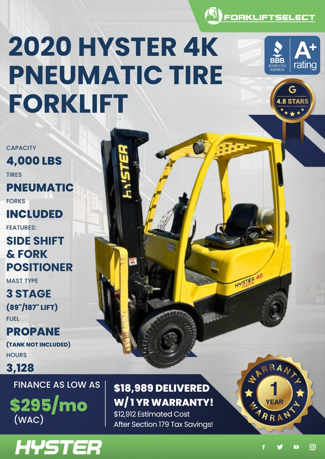 2020 Hyster 4K Pneumatic Tire Forkl...