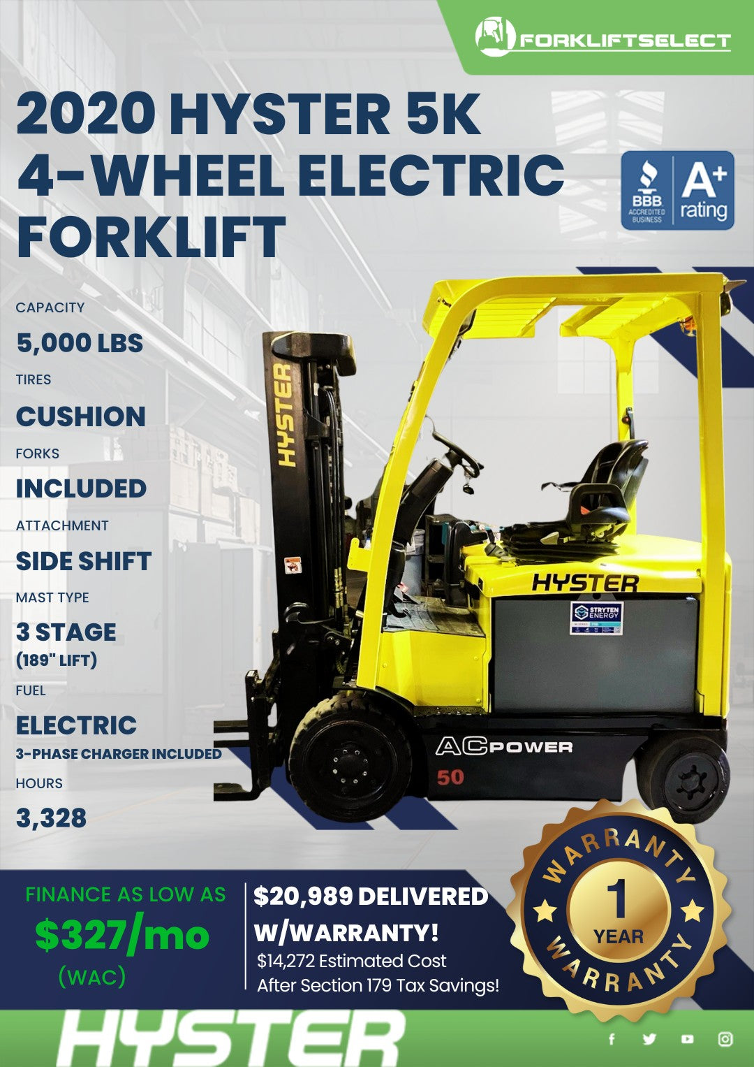 2020 Hyster 5K 4-Wheel Electric For...