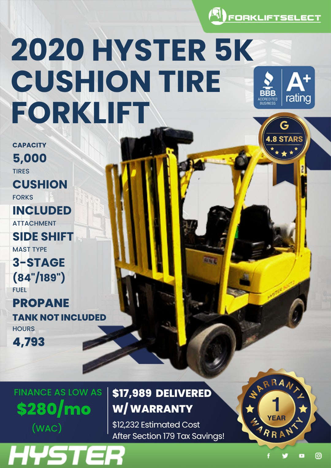 2020 Hyster 5K Cushion Tire Forklif...