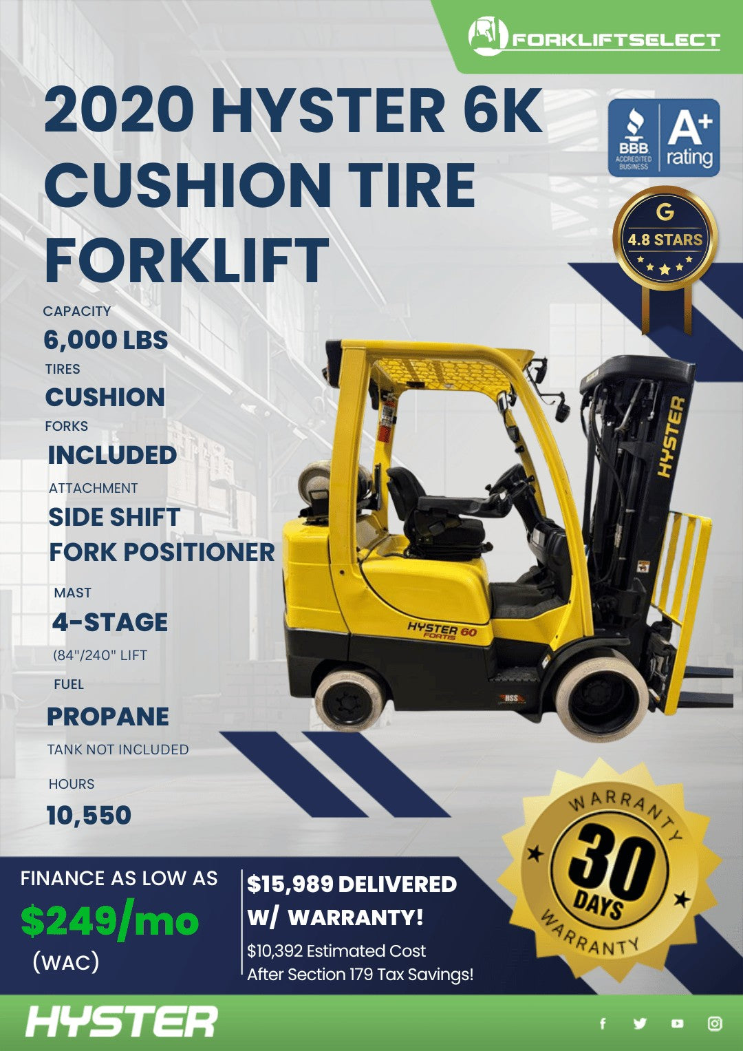2020 Hyster 6K Cushion Tire Forklift