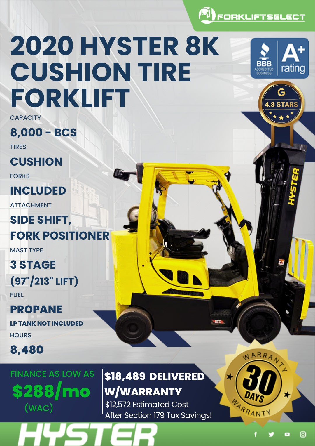 2020 Hyster 8K Cushion Tire Forklif...